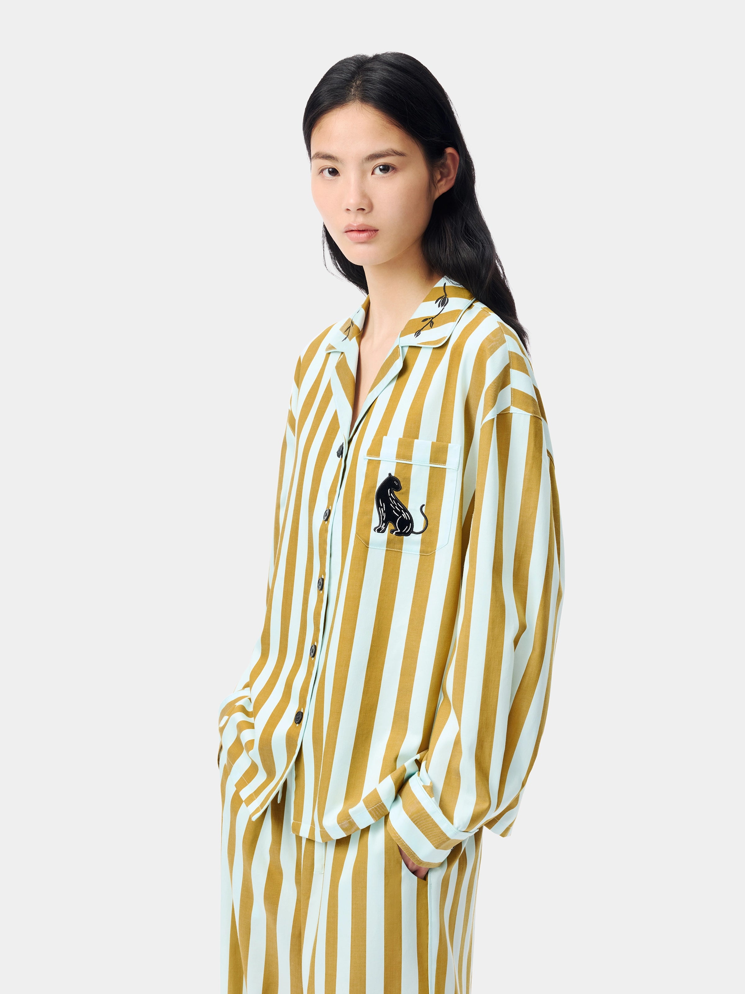 "Urban Jungle" Black Panther Tencel Cotton Blend Loungewear Set Long Sleeve – Blue & Green Stripes