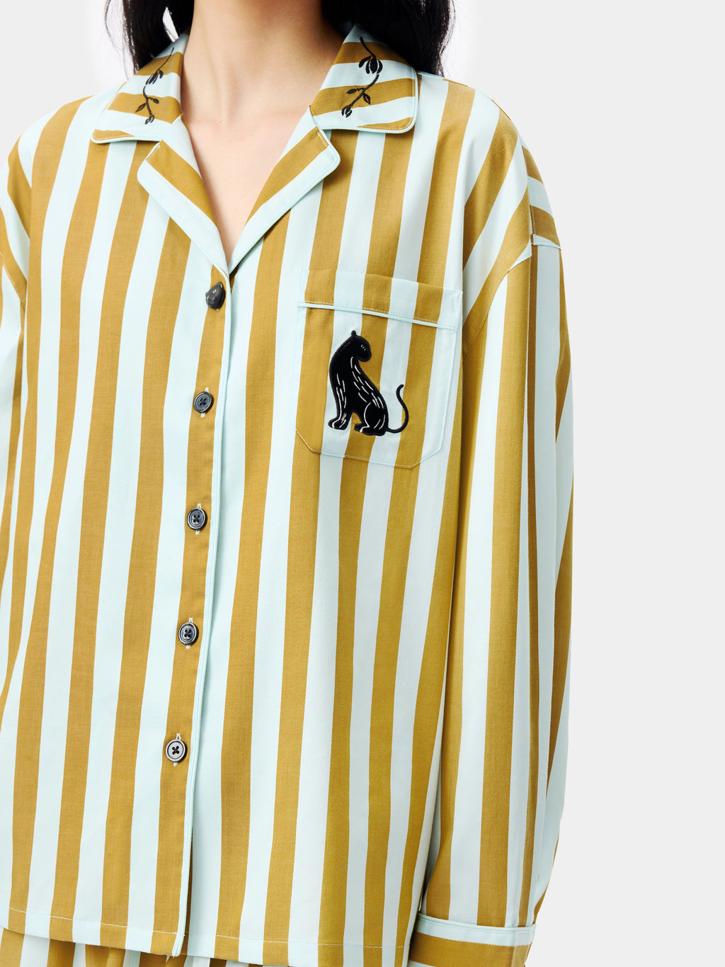 "Urban Jungle" Black Panther Tencel Cotton Blend Loungewear Set Long Sleeve – Blue & Green Stripes