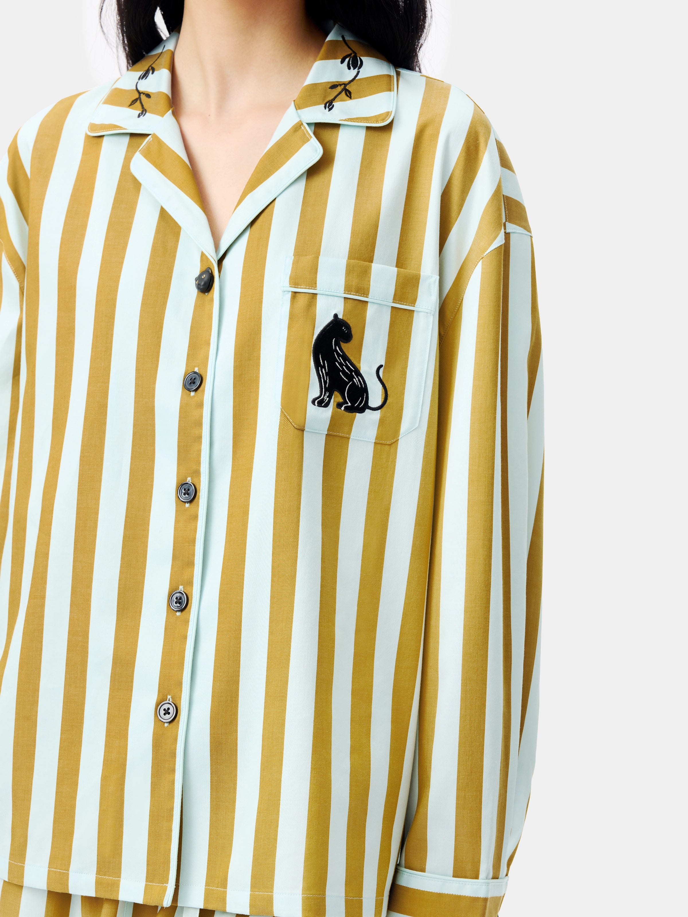 "Urban Jungle" Black Panther Tencel Cotton Blend Loungewear Set Long Sleeve – Blue & Green Stripes