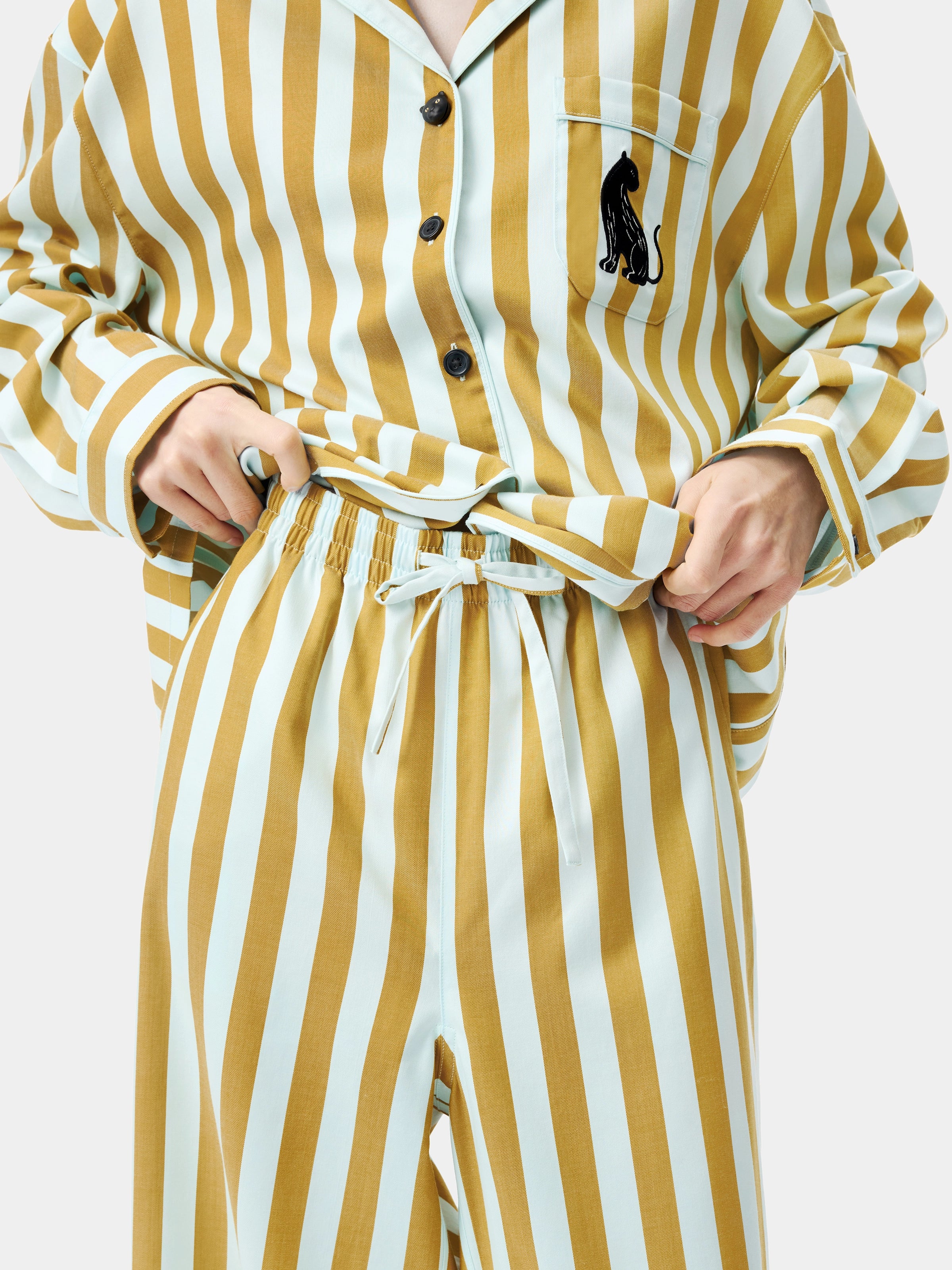"Urban Jungle" Black Panther Tencel Cotton Blend Loungewear Set Long Sleeve – Blue & Green Stripes