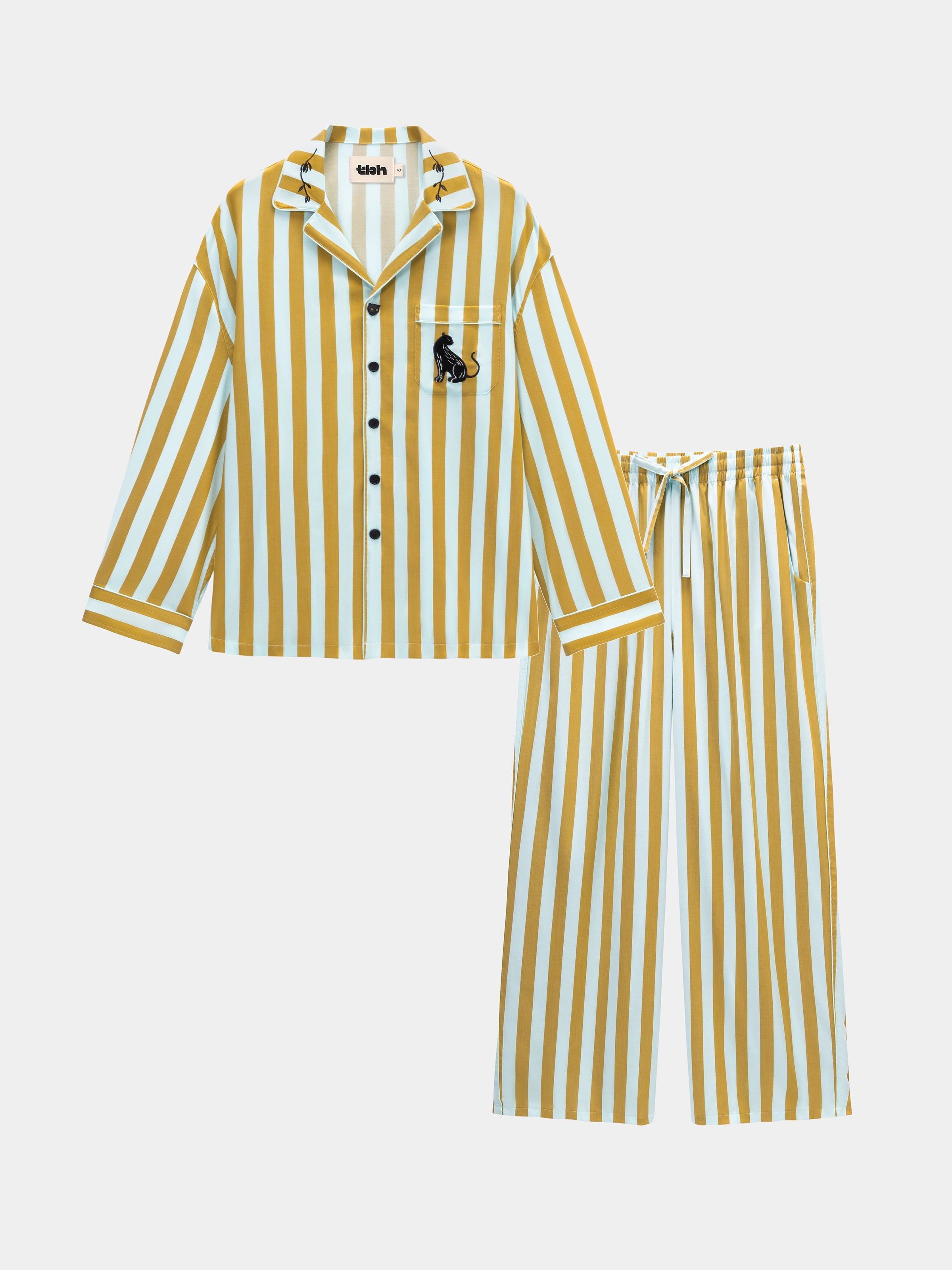 "Urban Jungle" Black Panther Tencel Cotton Blend Loungewear Set Long Sleeve – Blue & Green Stripes