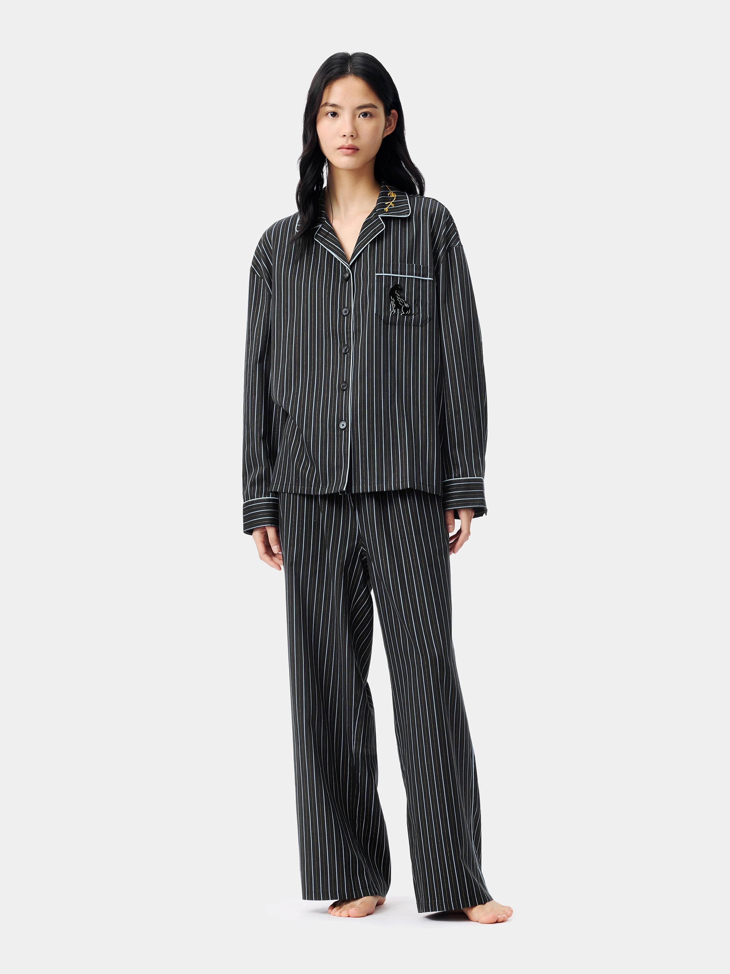 "Urban Jungle" Black Panther Tencel Cotton Blend Loungewear Set Long Sleeve – Dark Gold Stripes