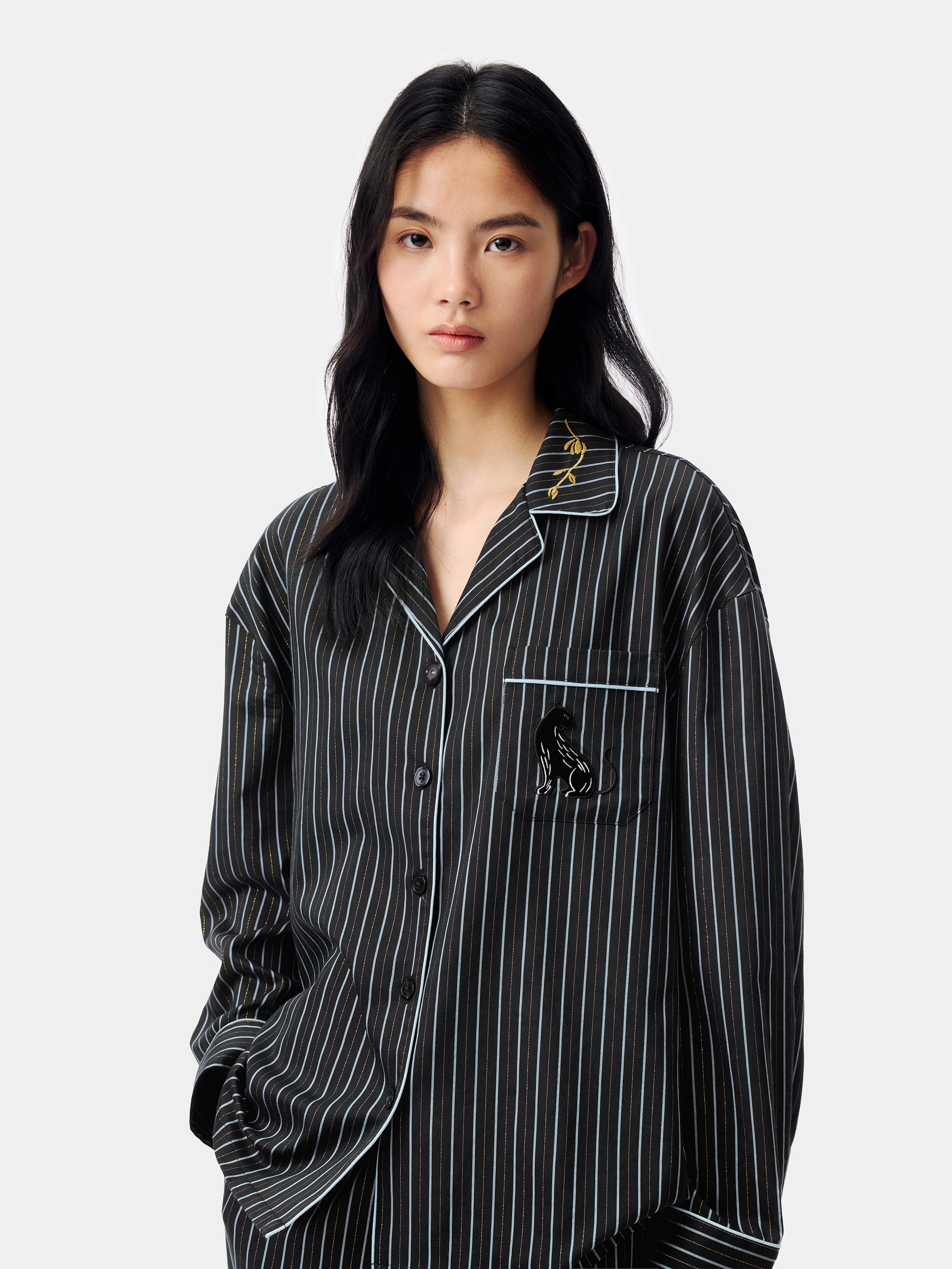 "Urban Jungle" Black Panther Tencel Cotton Blend Loungewear Set Long Sleeve – Dark Gold Stripes
