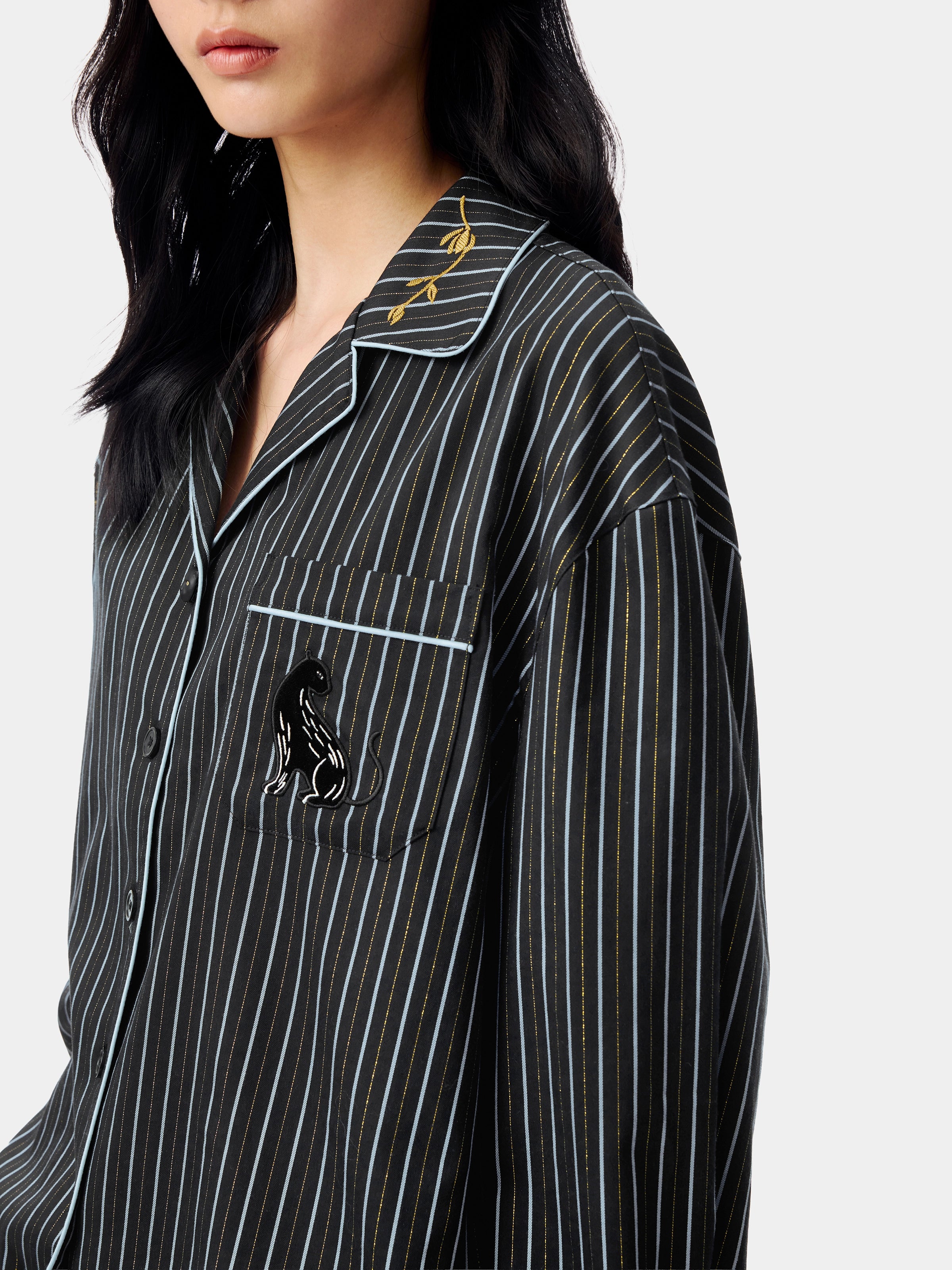 "Urban Jungle" Black Panther Tencel Cotton Blend Loungewear Set Long Sleeve – Dark Gold Stripes
