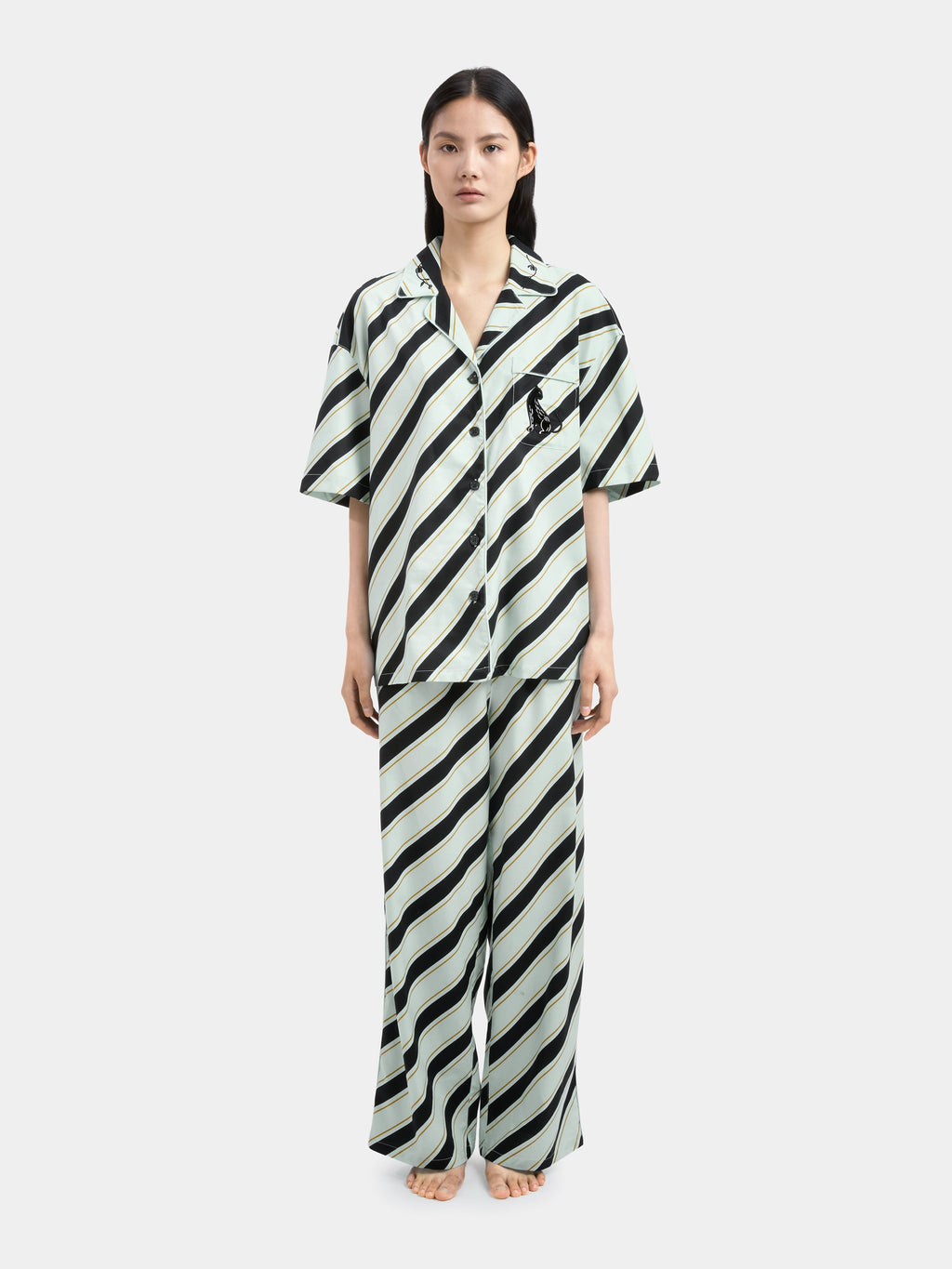"Urban Jungle" Black Panther Tencel Cotton Blend Loungewear Set Short Sleeve – Blue & Black Stripes