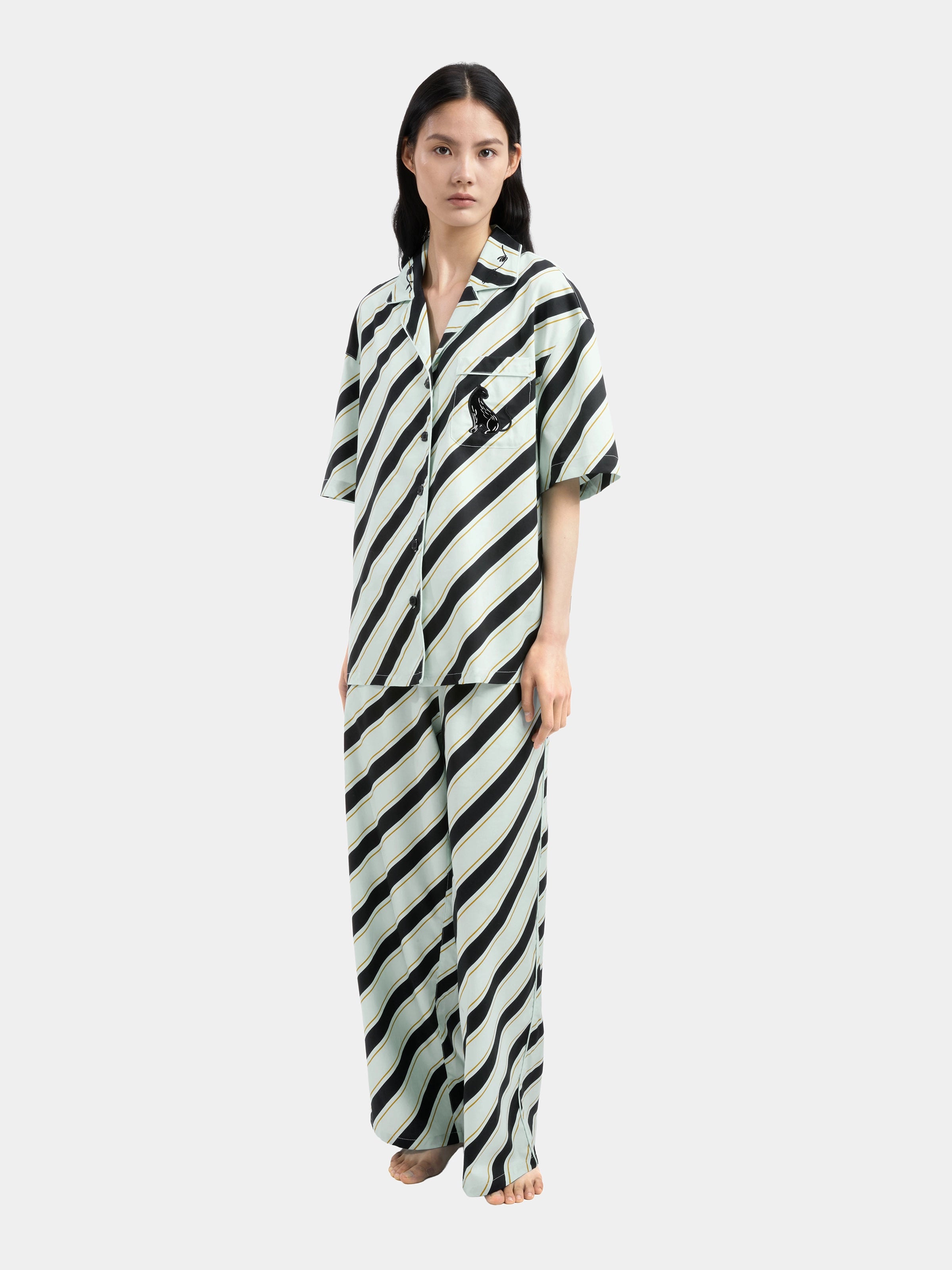 "Urban Jungle" Black Panther Tencel Cotton Blend Loungewear Set Short Sleeve – Blue & Black Stripes