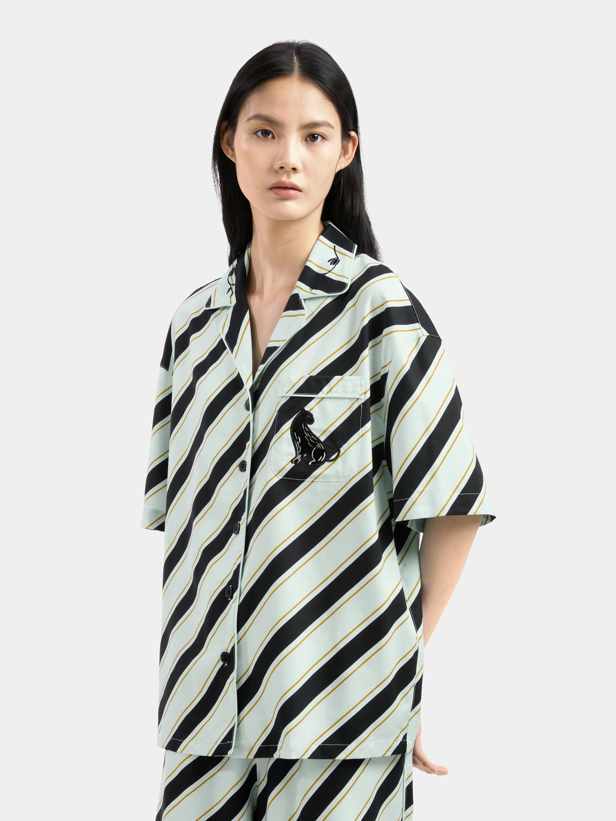 "Urban Jungle" Black Panther Tencel Cotton Blend Loungewear Set Short Sleeve – Blue & Black Stripes