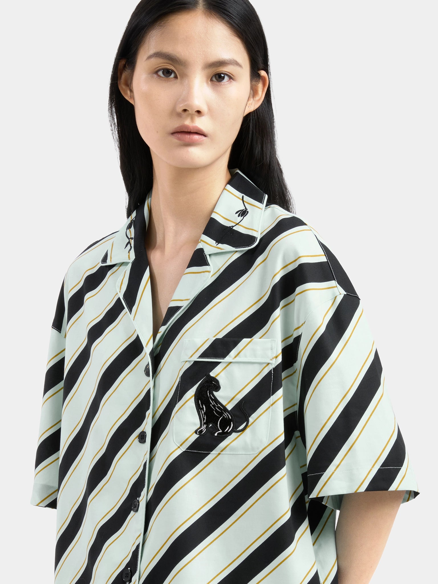 "Urban Jungle" Black Panther Tencel Cotton Blend Loungewear Set Short Sleeve – Blue & Black Stripes