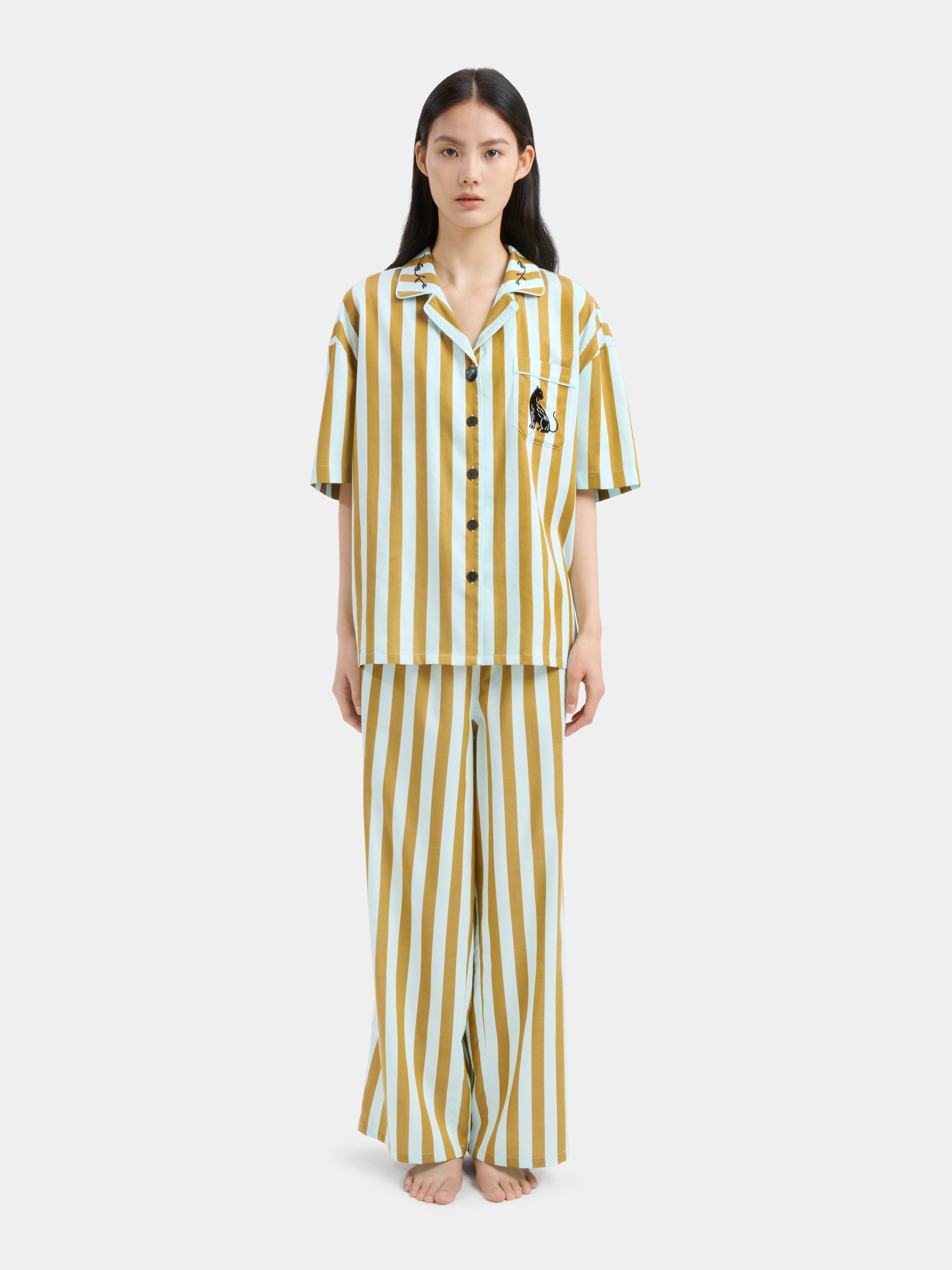 "Urban Jungle" Black Panther Tencel Cotton Blend Loungewear Set Short Sleeve – Blue & Green Stripes