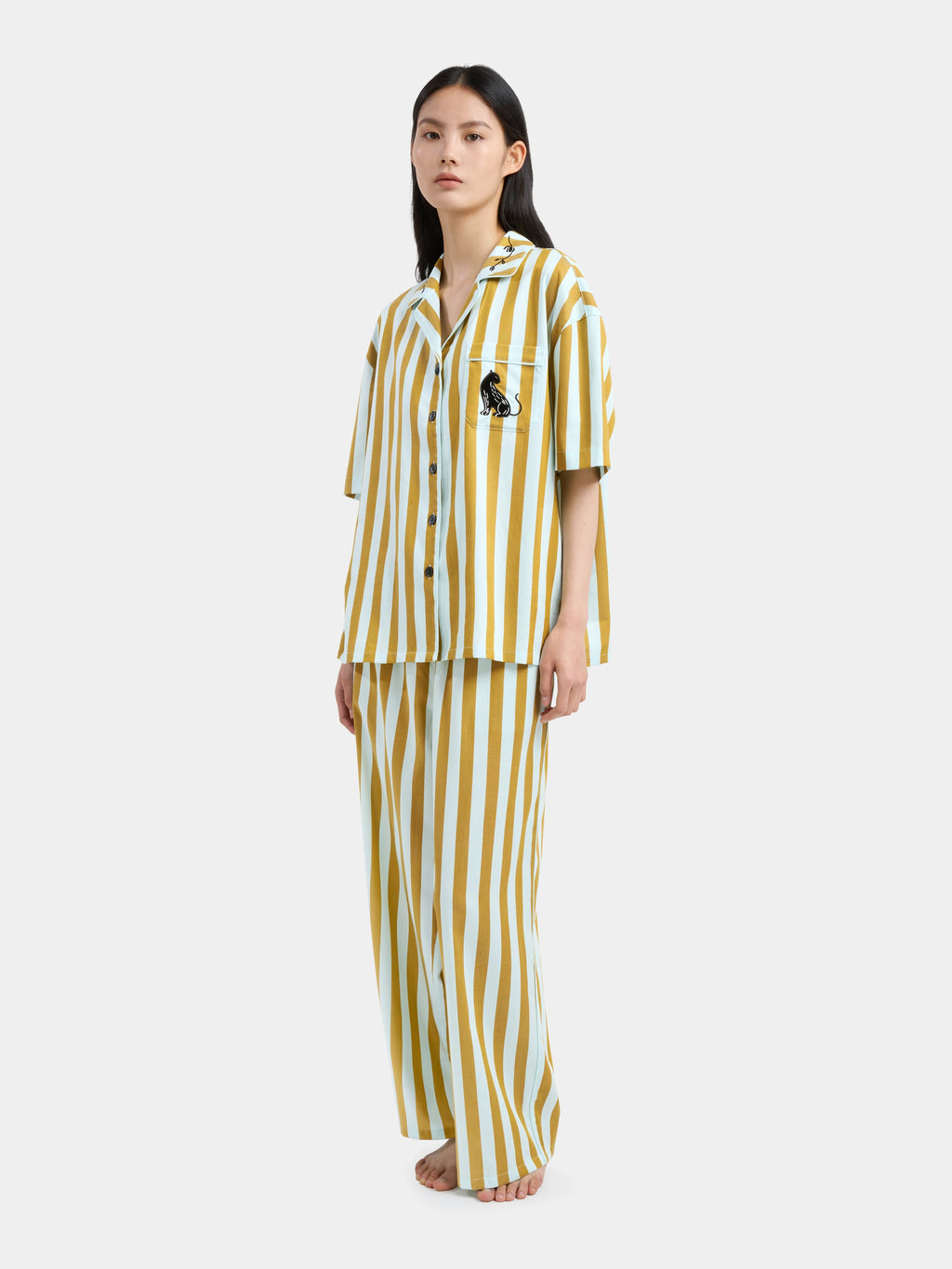 "Urban Jungle" Black Panther Tencel Cotton Blend Loungewear Set Short Sleeve – Blue & Green Stripes