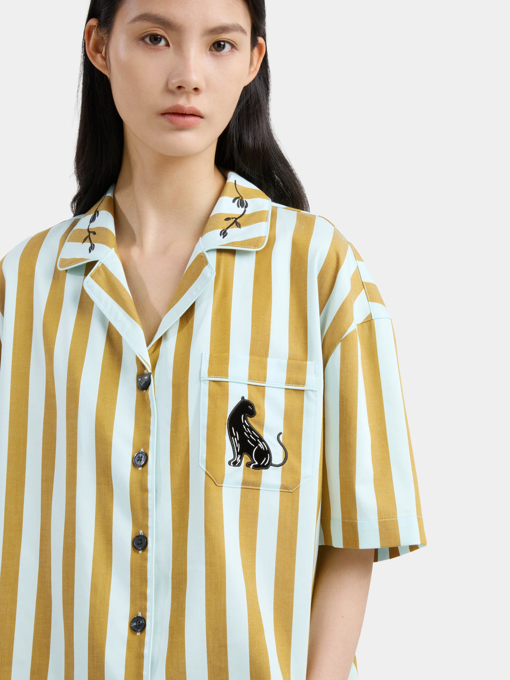 "Urban Jungle" Black Panther Tencel Cotton Blend Loungewear Set Short Sleeve – Blue & Green Stripes