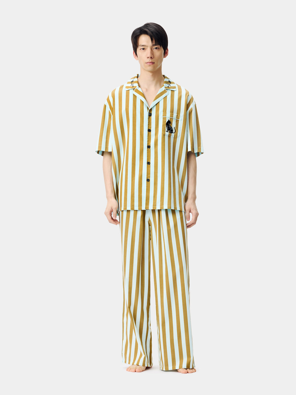 "Urban Jungle" Black Panther Tencel Cotton Blend Loungewear Set Short Sleeve – Blue & Green Stripes