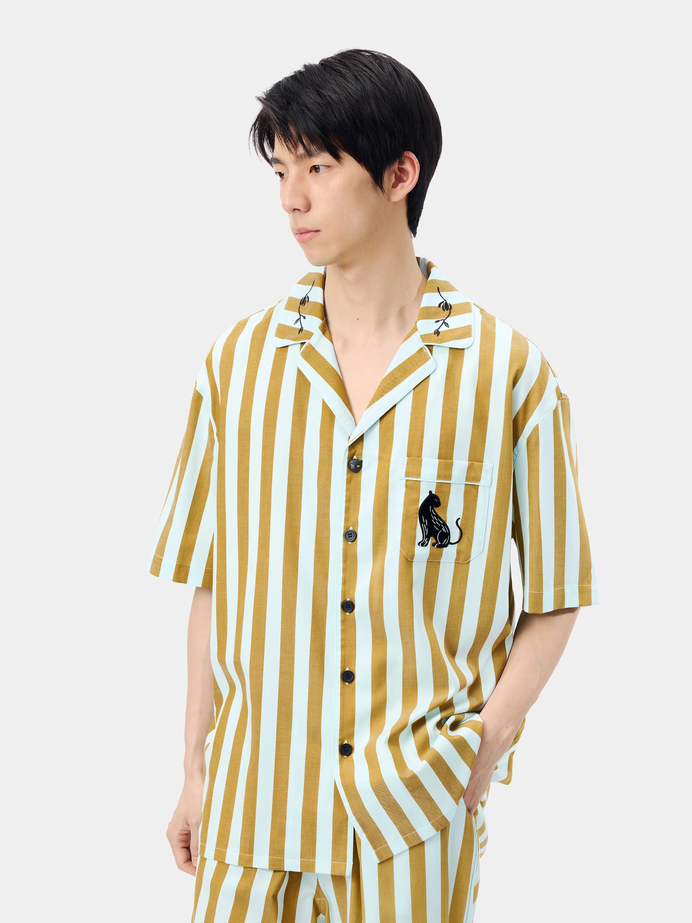 "Urban Jungle" Black Panther Tencel Cotton Blend Loungewear Set Short Sleeve – Blue & Green Stripes