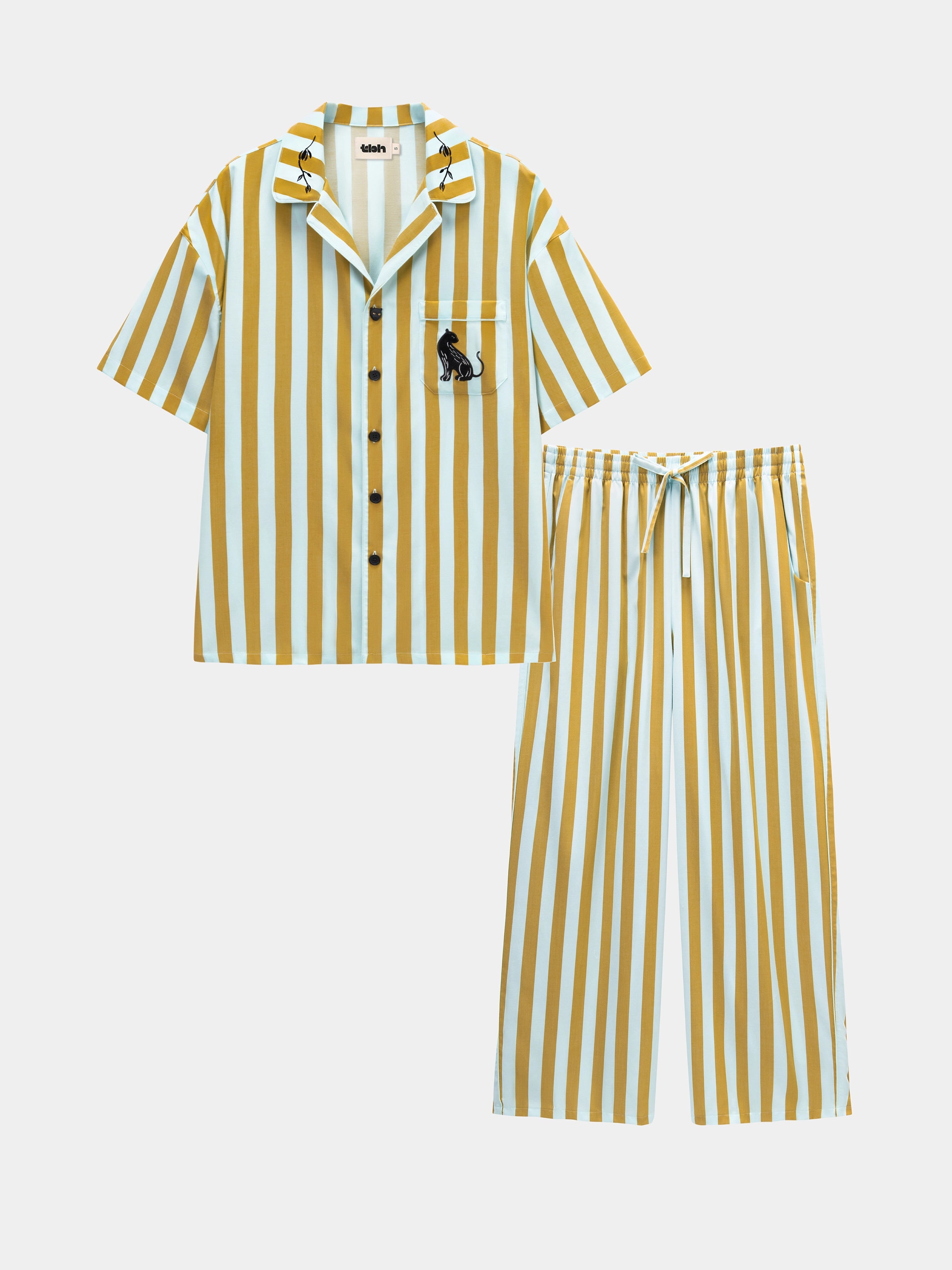 "Urban Jungle" Black Panther Tencel Cotton Blend Loungewear Set Short Sleeve – Blue & Green Stripes