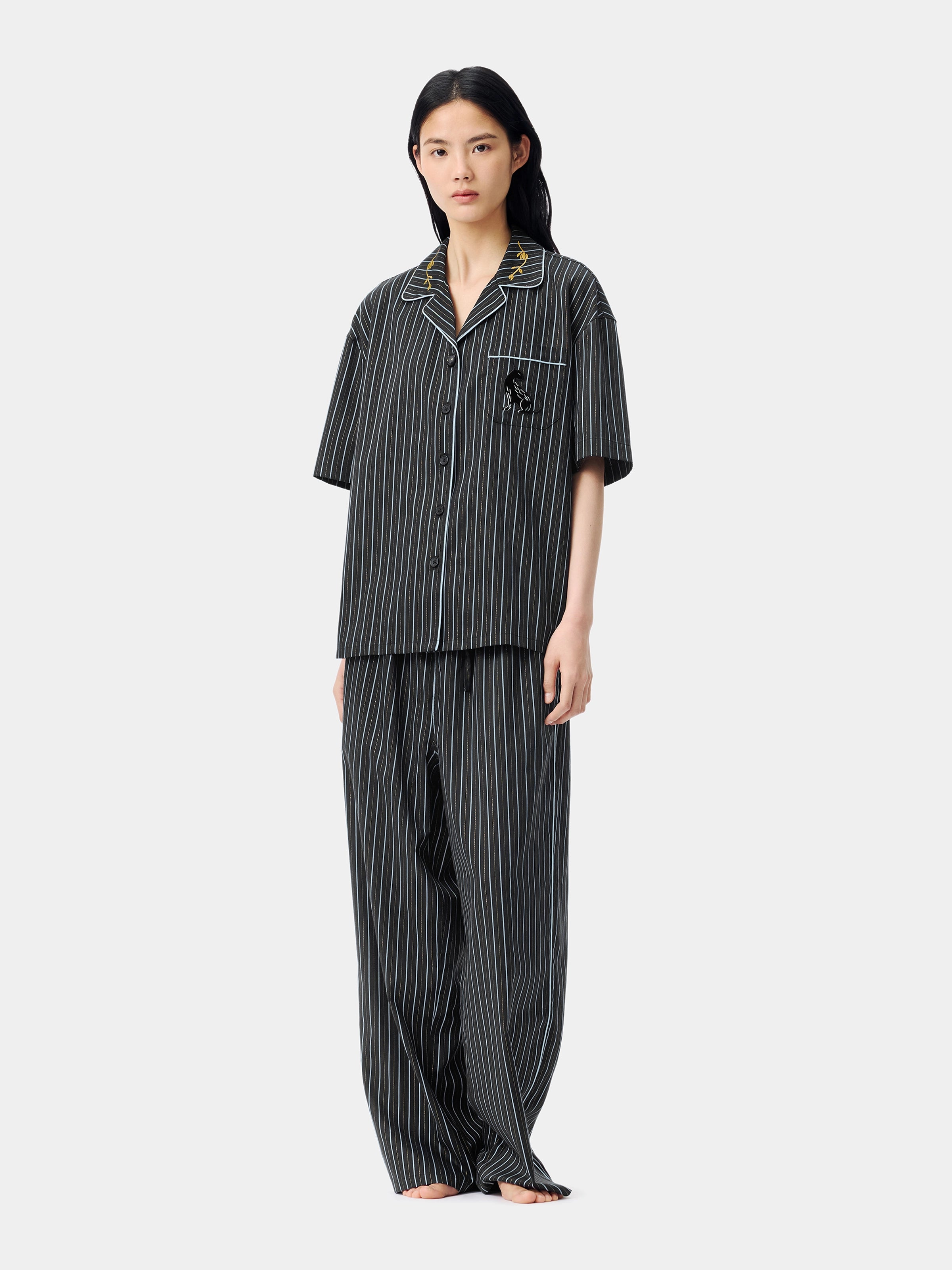 "Urban Jungle" Black Panther Tencel Cotton Blend Loungewear Set Short Sleeve – Dark Gold Stripes
