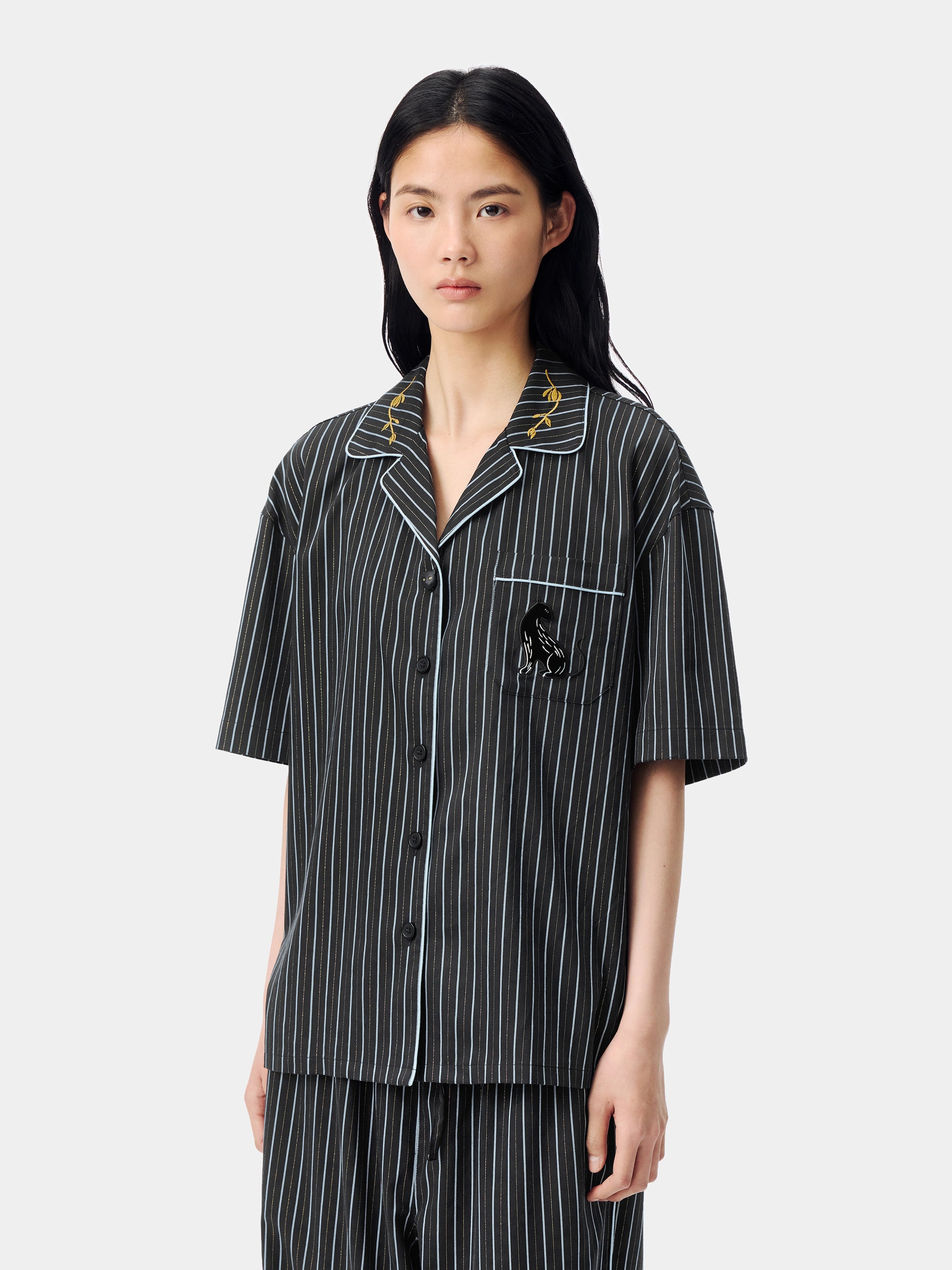 "Urban Jungle" Black Panther Tencel Cotton Blend Loungewear Set Short Sleeve – Dark Gold Stripes