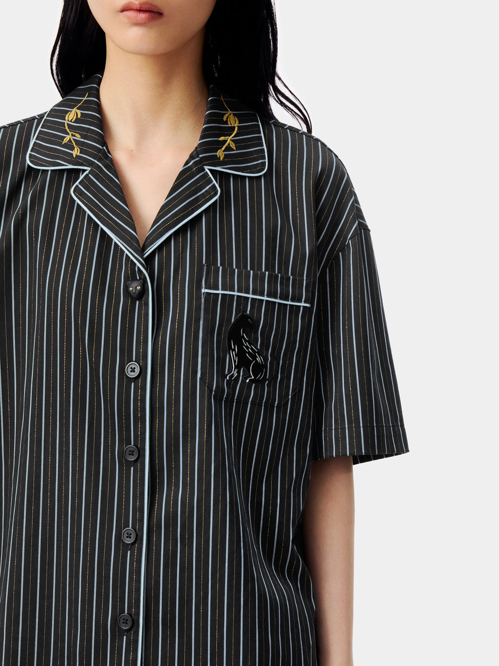 "Urban Jungle" Black Panther Tencel Cotton Blend Loungewear Set Short Sleeve – Dark Gold Stripes