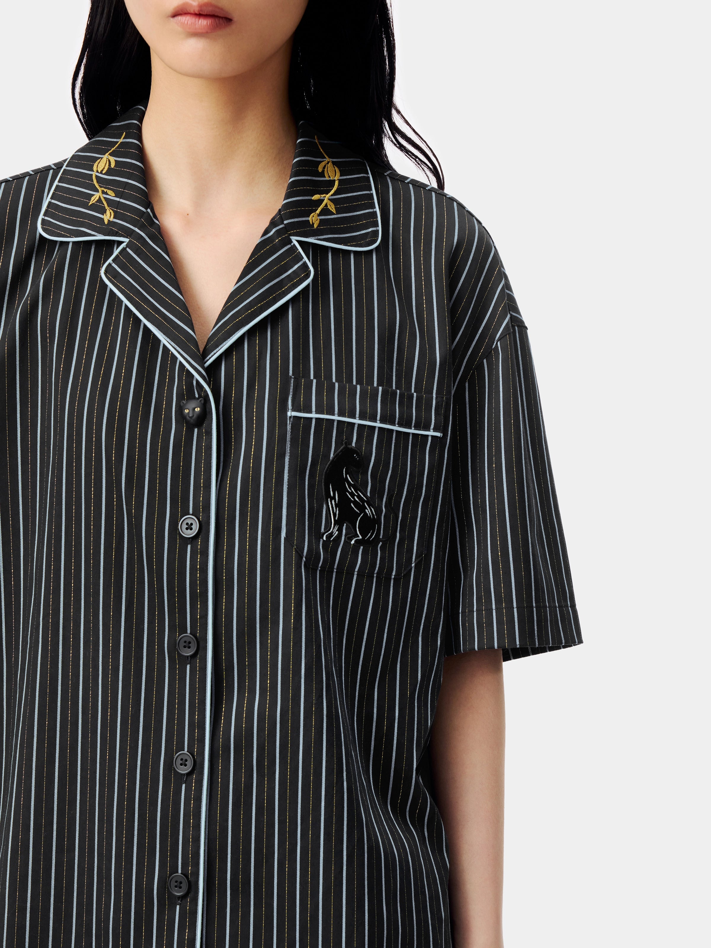 "Urban Jungle" Black Panther Tencel Cotton Blend Loungewear Set Short Sleeve – Dark Gold Stripes