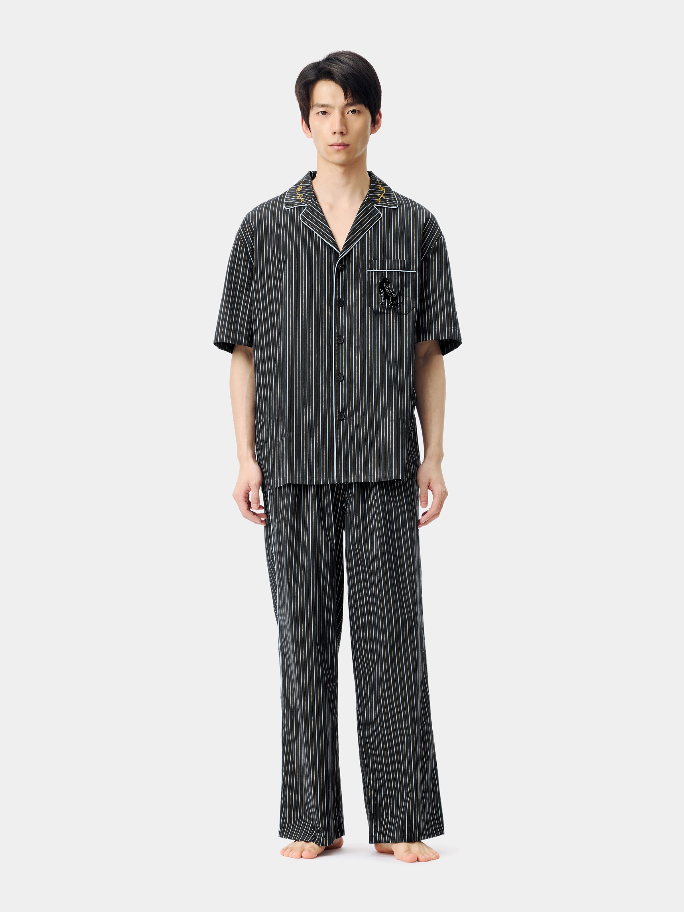 "Urban Jungle" Black Panther Tencel Cotton Blend Loungewear Set Short Sleeve – Dark Gold Stripes