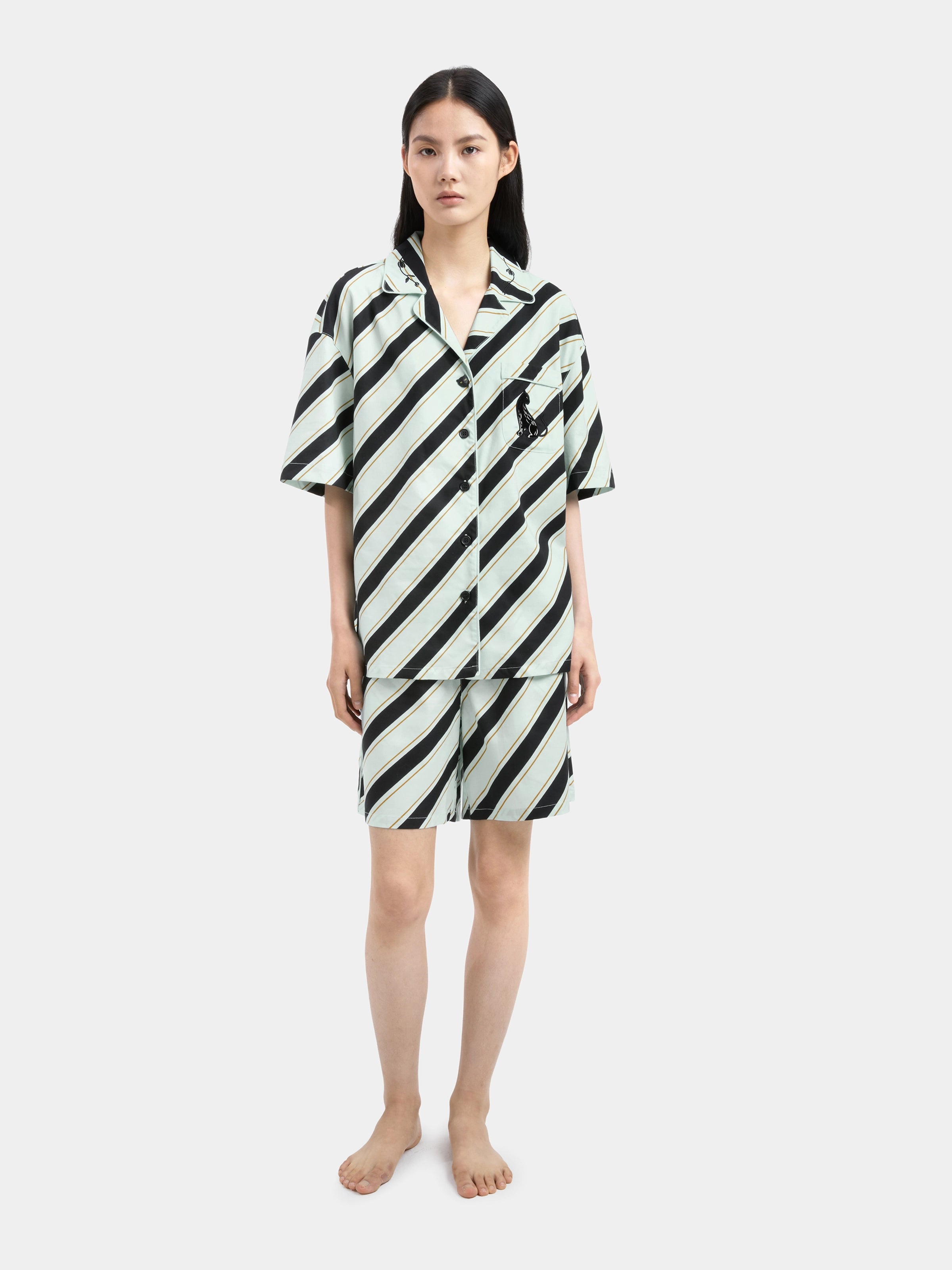 "Urban Jungle" Black Panther Tencel Cotton Blend Loungewear Set Short Sleeve & Shorts – Blue & Black Stripes