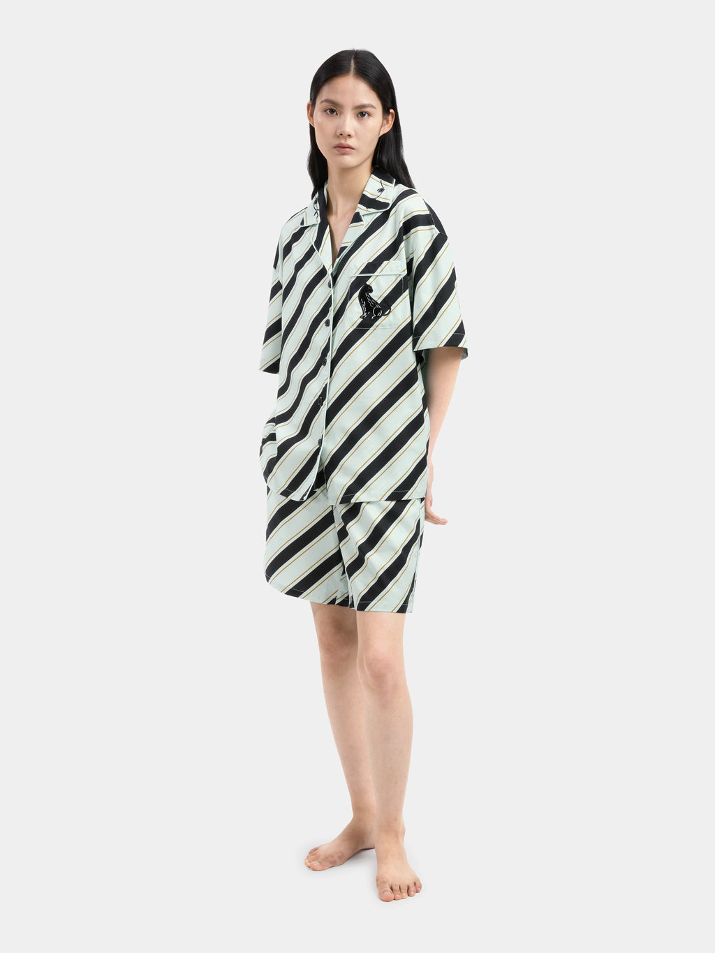 "Urban Jungle" Black Panther Tencel Cotton Blend Loungewear Set Short Sleeve & Shorts – Blue & Black Stripes