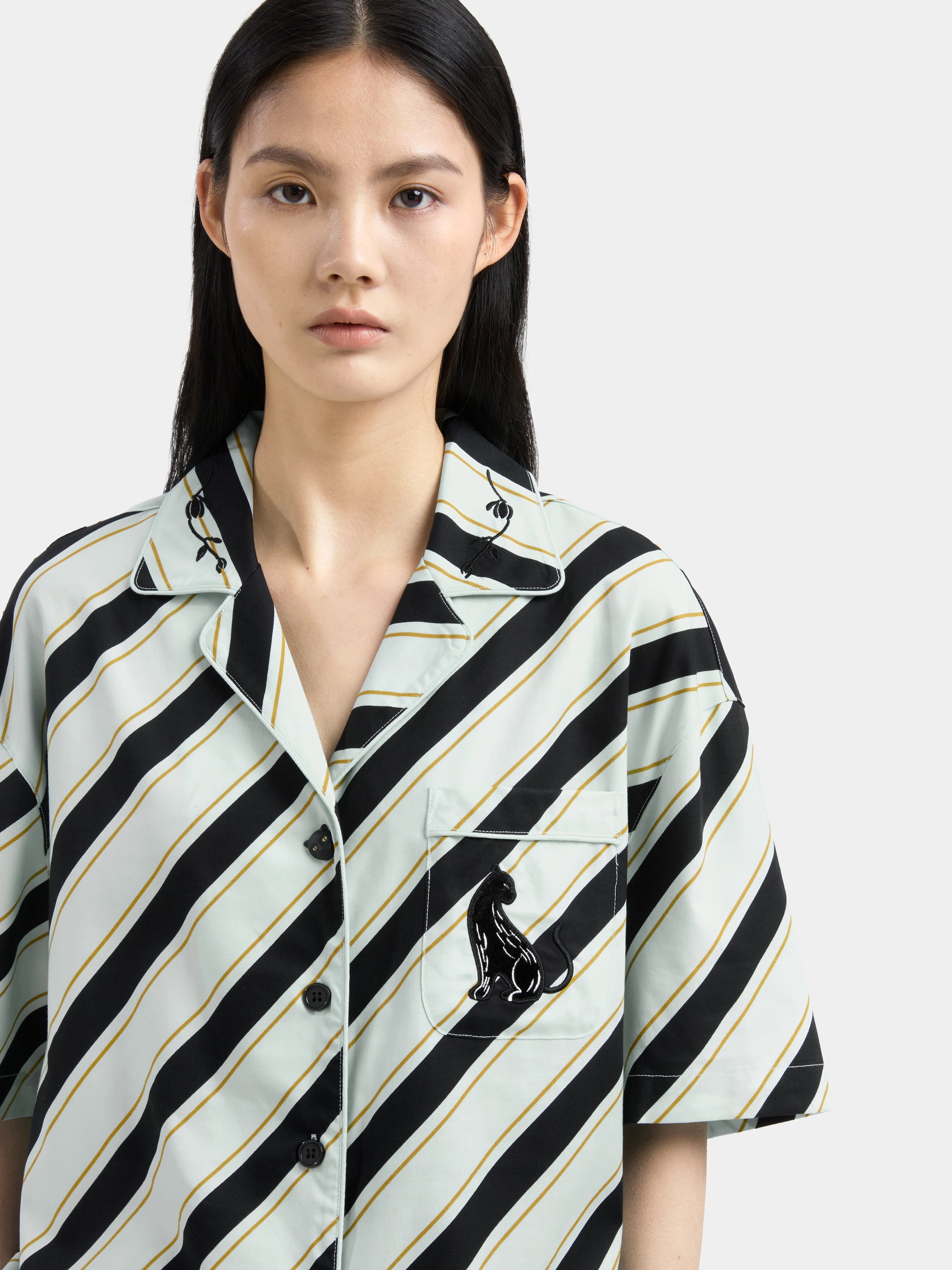 "Urban Jungle" Black Panther Tencel Cotton Blend Loungewear Set Short Sleeve & Shorts – Blue & Black Stripes