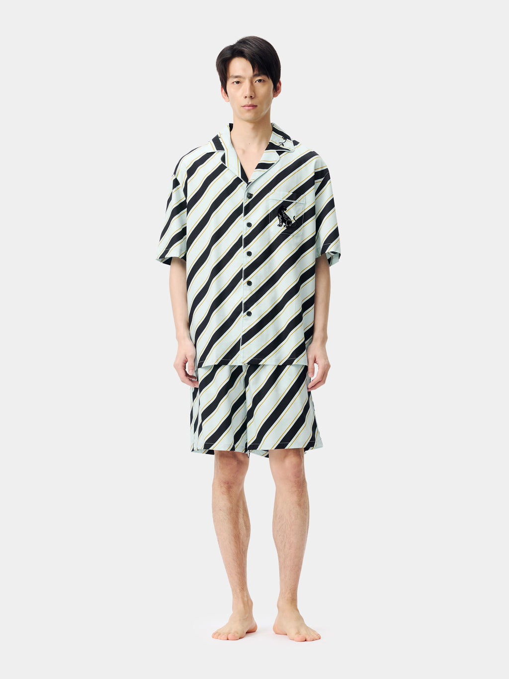 "Urban Jungle" Black Panther Tencel Cotton Blend Loungewear Set Short Sleeve & Shorts – Blue & Black Stripes