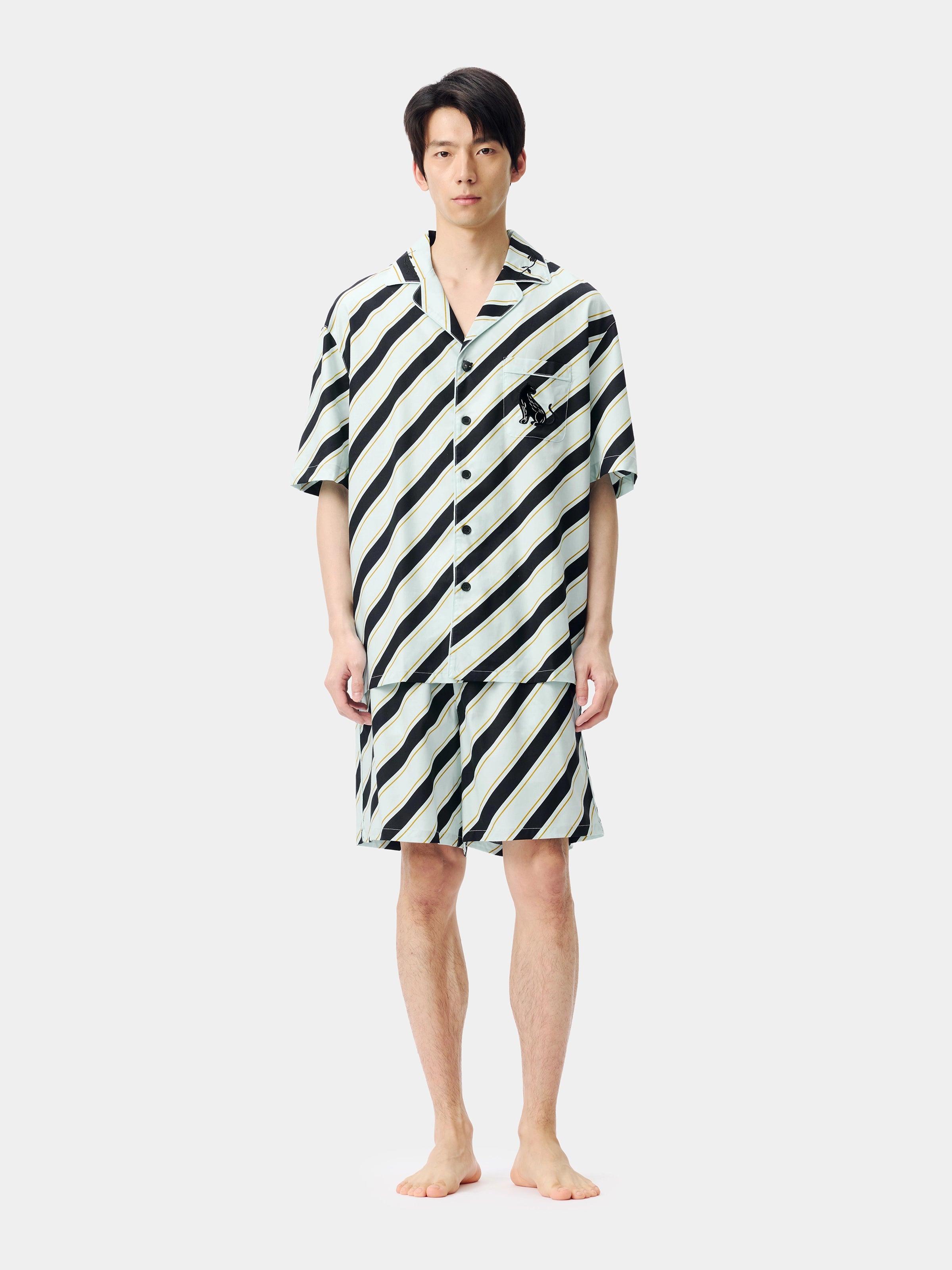 "Urban Jungle" Black Panther Tencel Cotton Blend Loungewear Set Short Sleeve & Shorts – Blue & Black Stripes