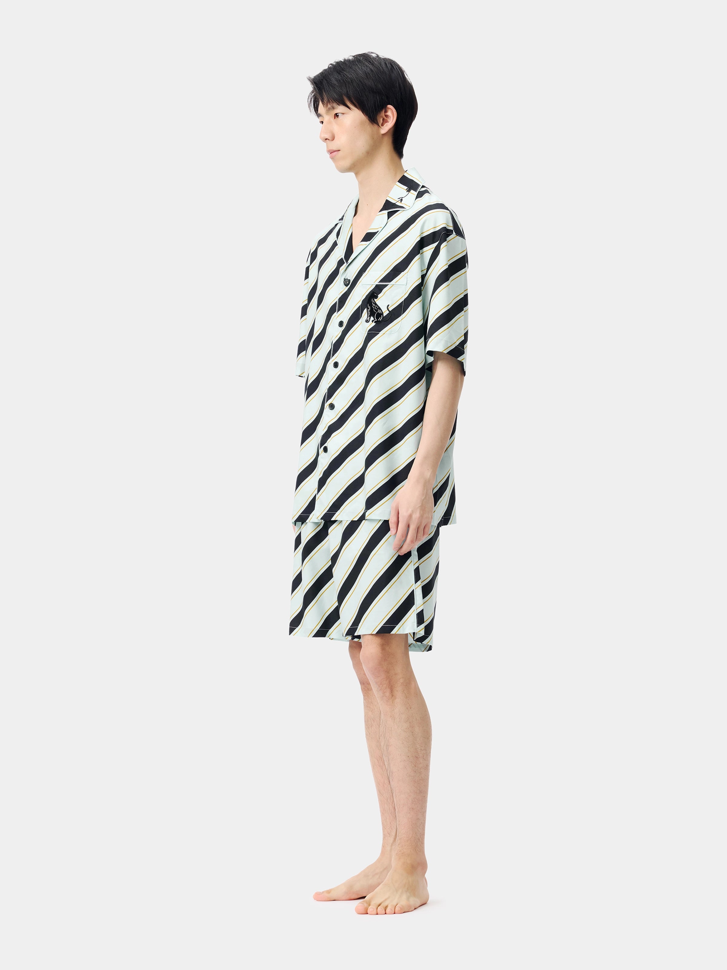 "Urban Jungle" Black Panther Tencel Cotton Blend Loungewear Set Short Sleeve & Shorts – Blue & Black Stripes