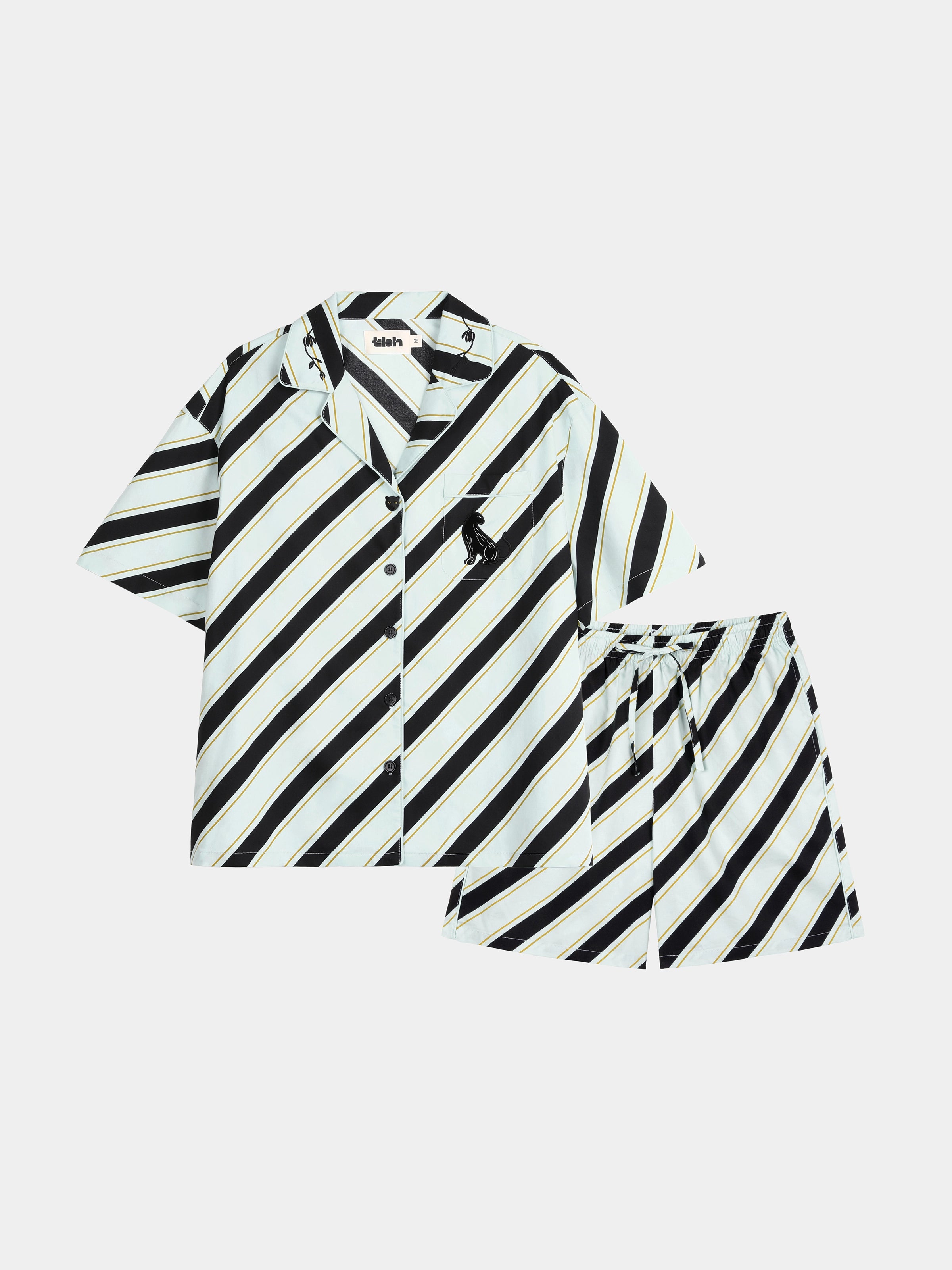 "Urban Jungle" Black Panther Tencel Cotton Blend Loungewear Set Short Sleeve & Shorts – Blue & Black Stripes