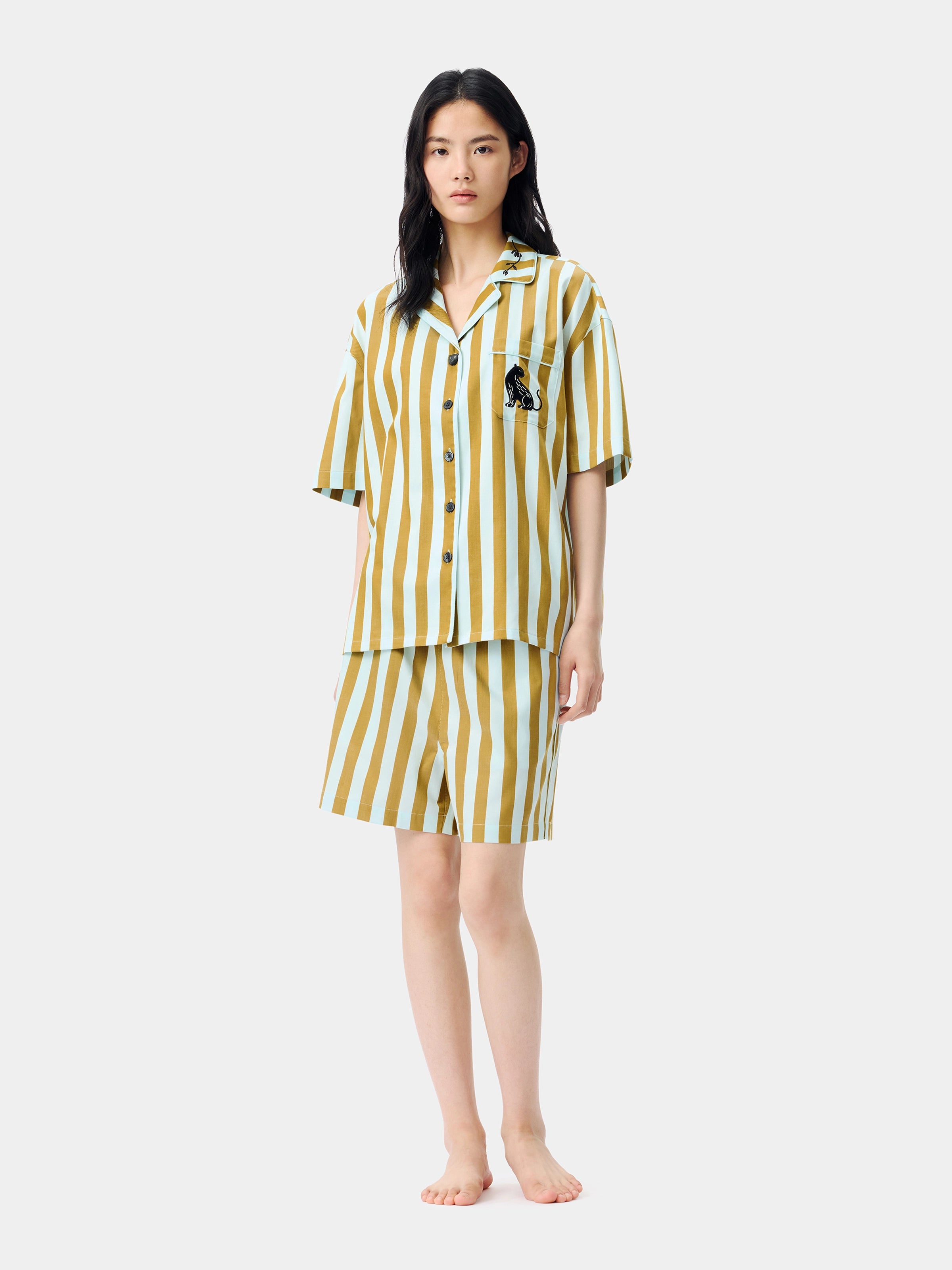 "Urban Jungle" Black Panther Tencel Cotton Blend Loungewear Set Short Sleeve & Shorts – Blue & Green Stripes