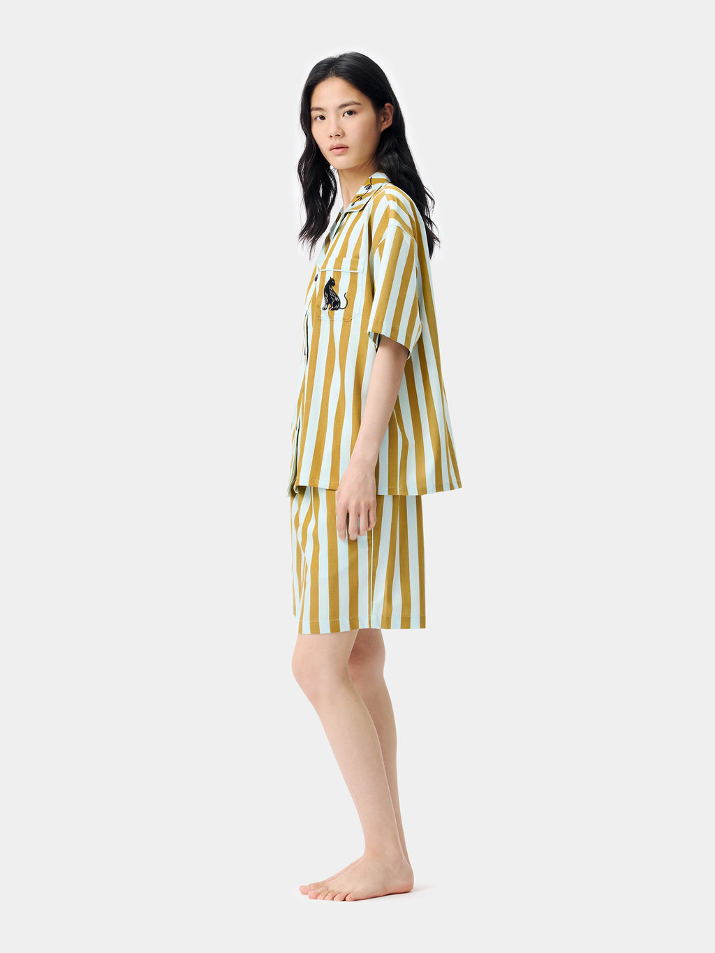 "Urban Jungle" Black Panther Tencel Cotton Blend Loungewear Set Short Sleeve & Shorts – Blue & Green Stripes