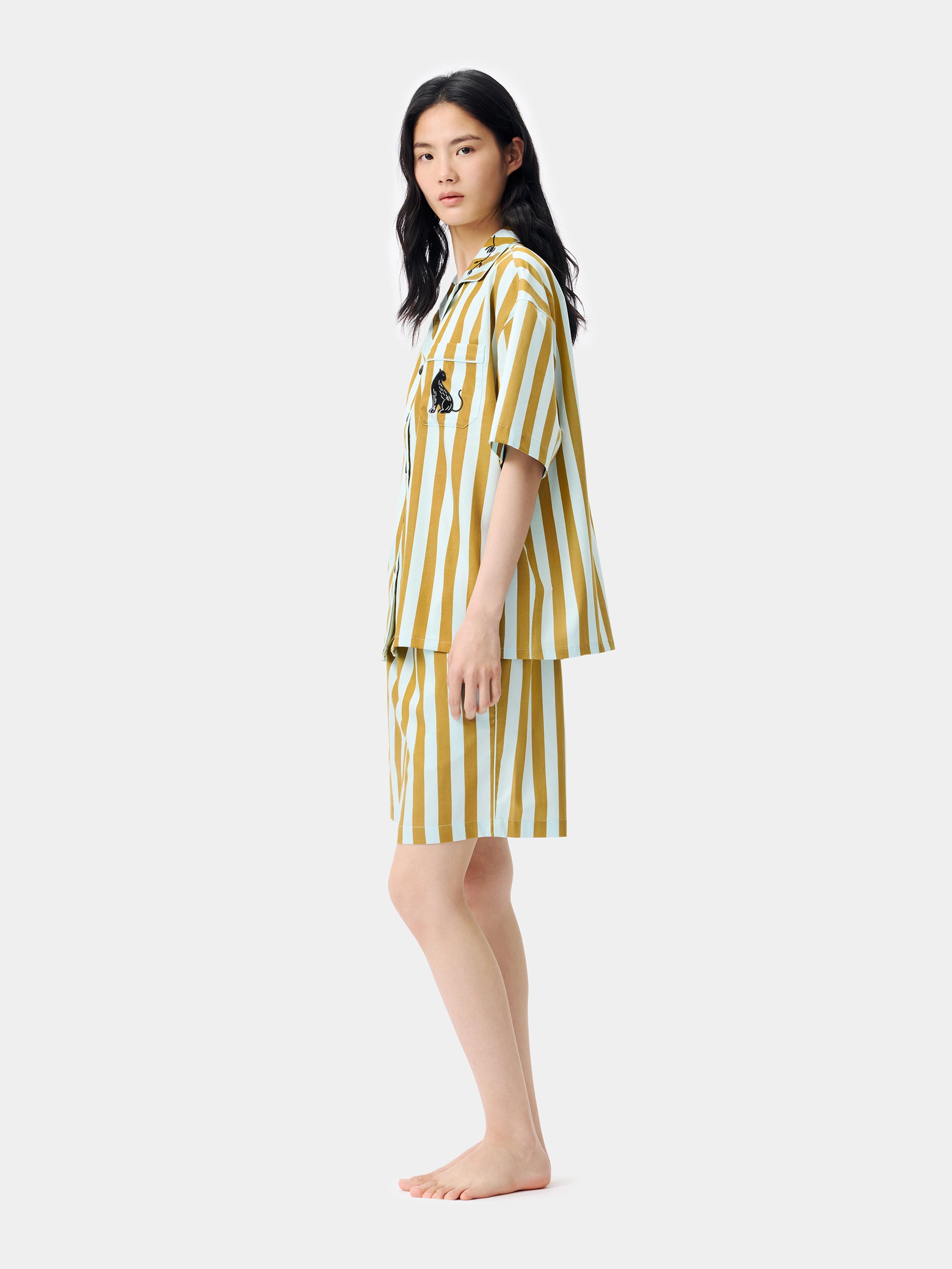 "Urban Jungle" Black Panther Tencel Cotton Blend Loungewear Set Short Sleeve & Shorts – Blue & Green Stripes