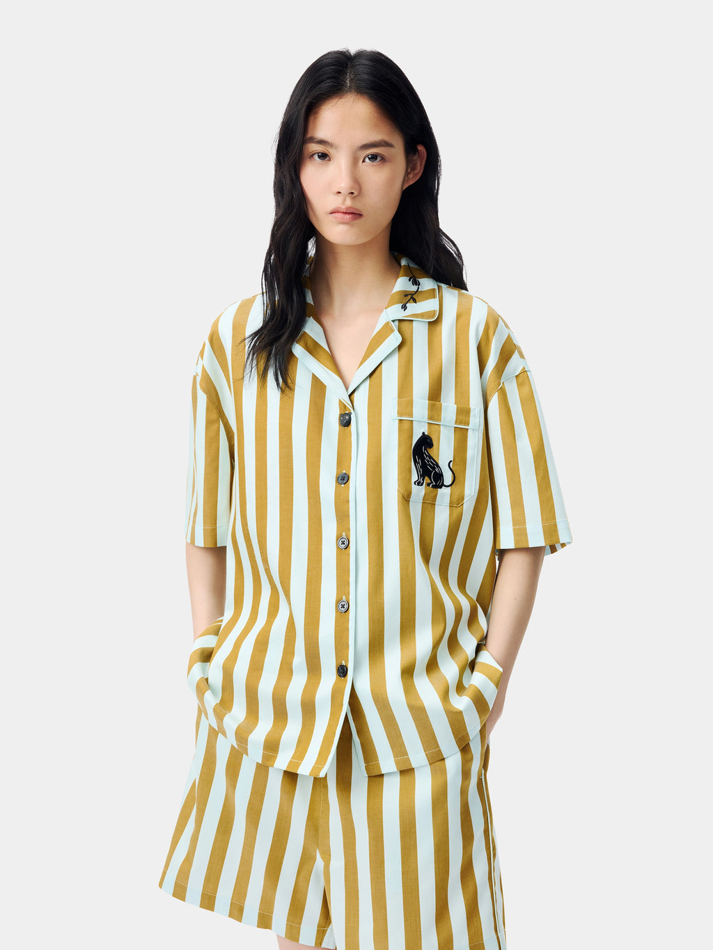 "Urban Jungle" Black Panther Tencel Cotton Blend Loungewear Set Short Sleeve & Shorts – Blue & Green Stripes