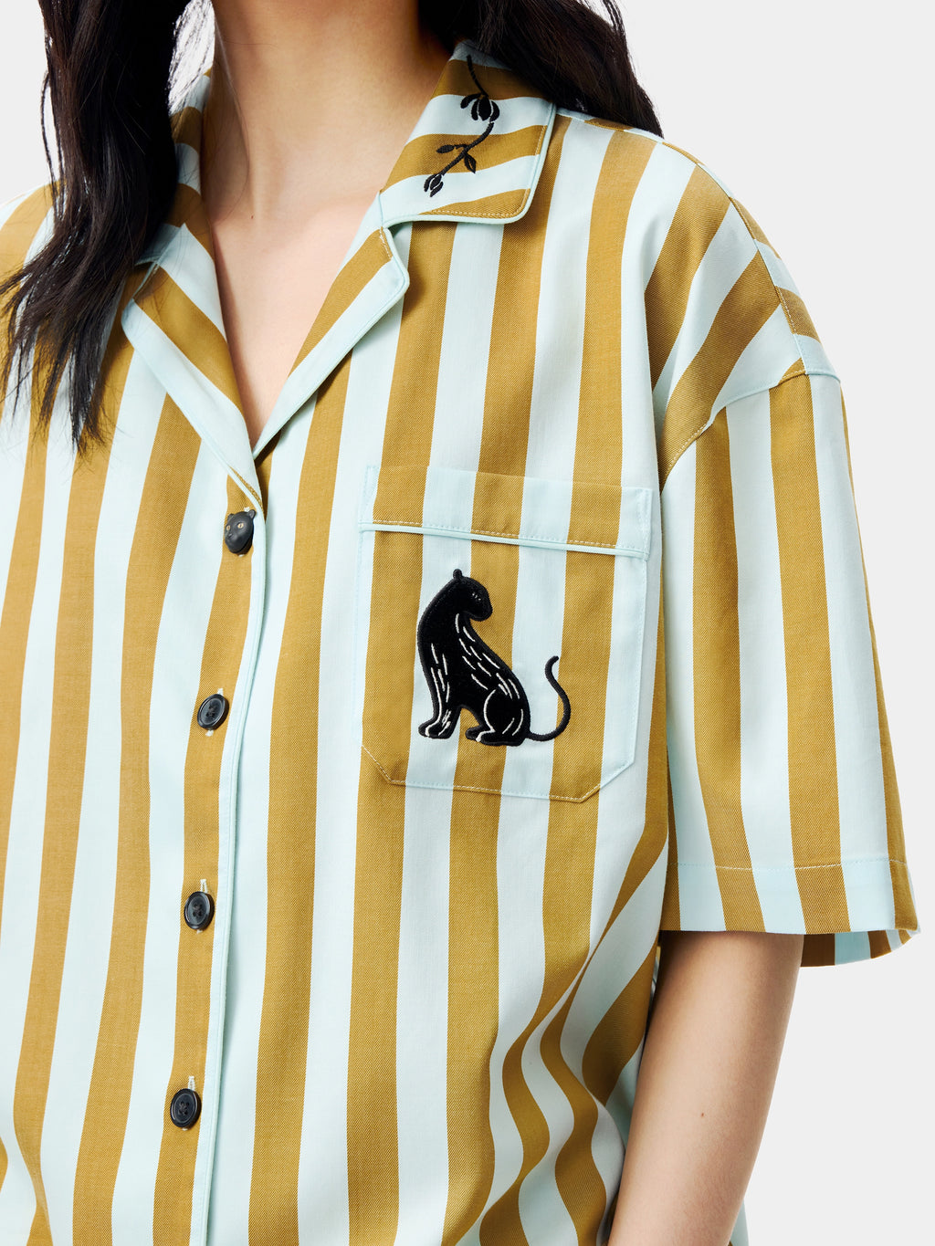 "Urban Jungle" Black Panther Tencel Cotton Blend Loungewear Set Short Sleeve & Shorts – Blue & Green Stripes