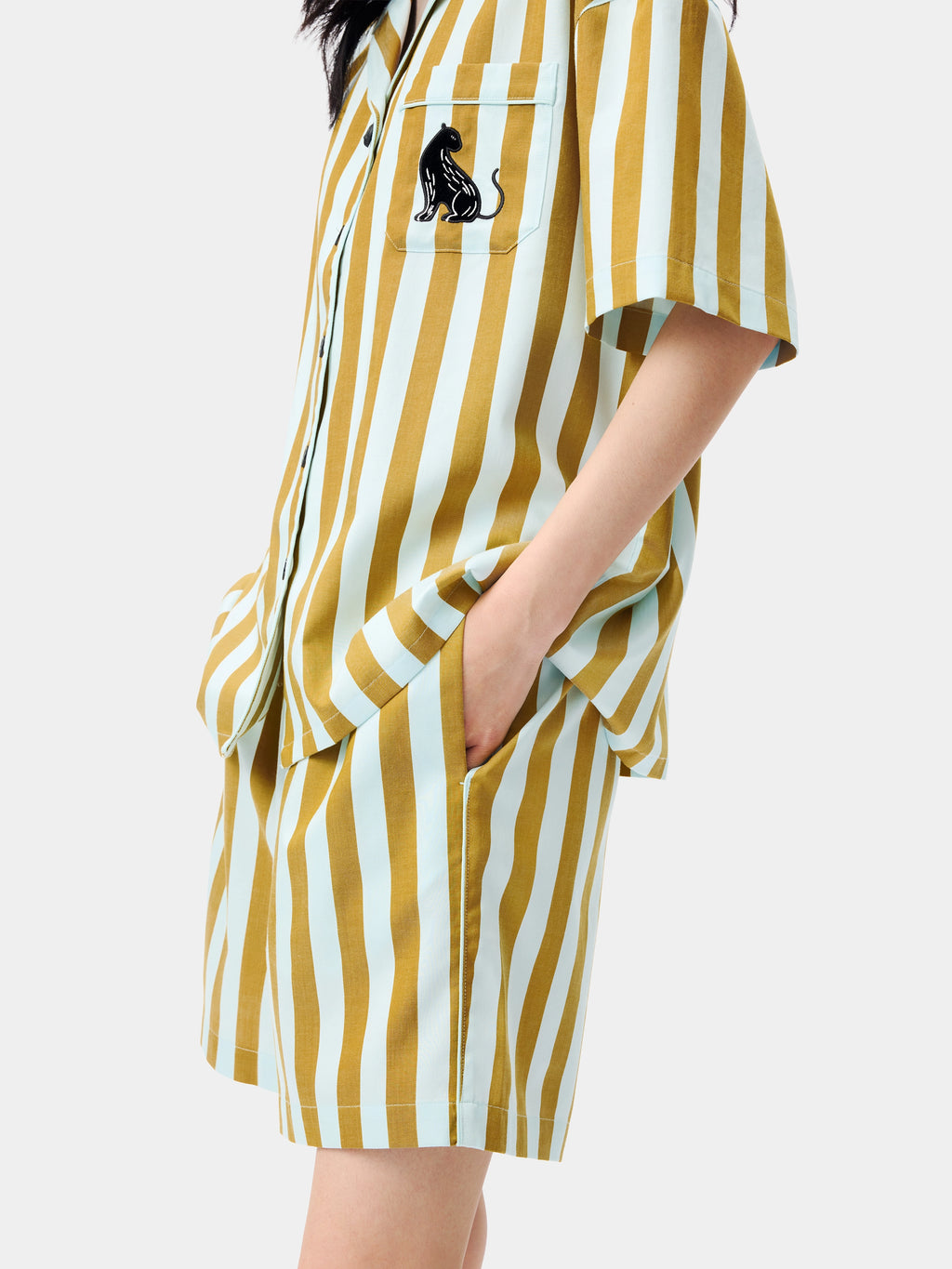 "Urban Jungle" Black Panther Tencel Cotton Blend Loungewear Set Short Sleeve & Shorts – Blue & Green Stripes