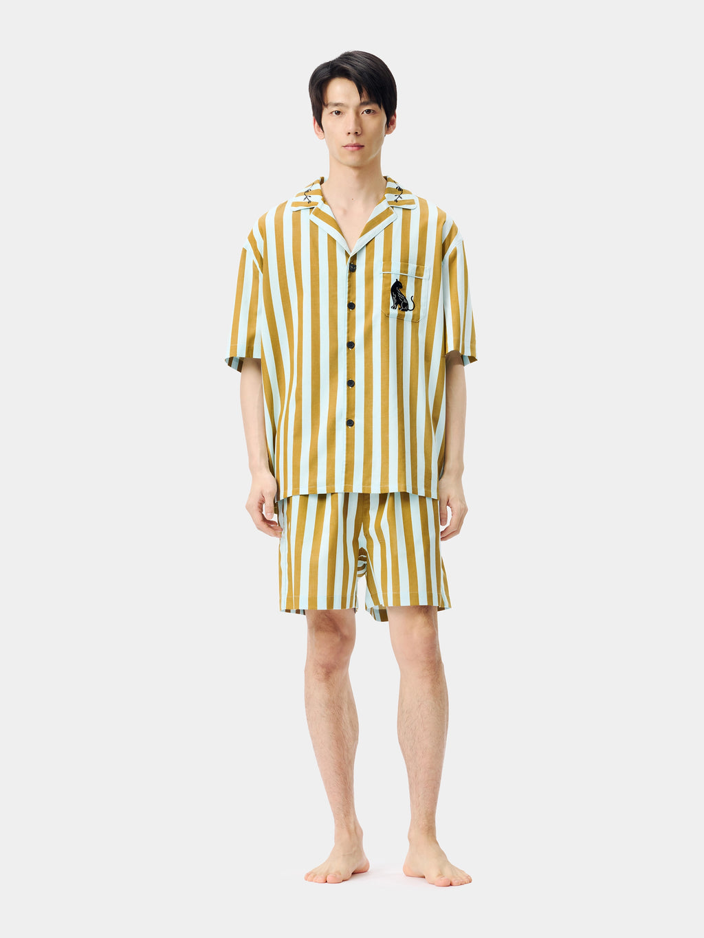 "Urban Jungle" Black Panther Tencel Cotton Blend Loungewear Set Short Sleeve & Shorts – Blue & Green Stripes