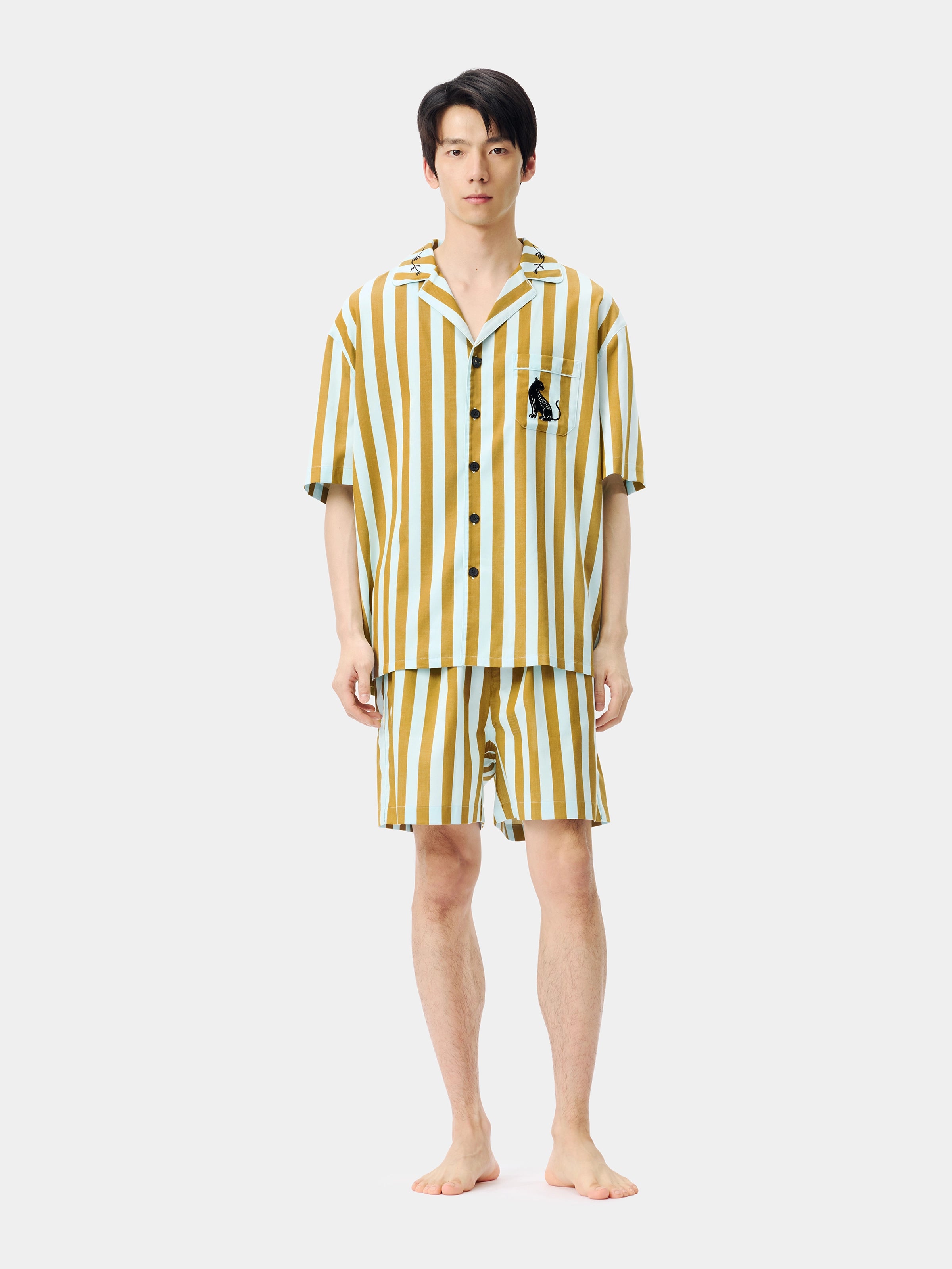 "Urban Jungle" Black Panther Tencel Cotton Blend Loungewear Set Short Sleeve & Shorts – Blue & Green Stripes