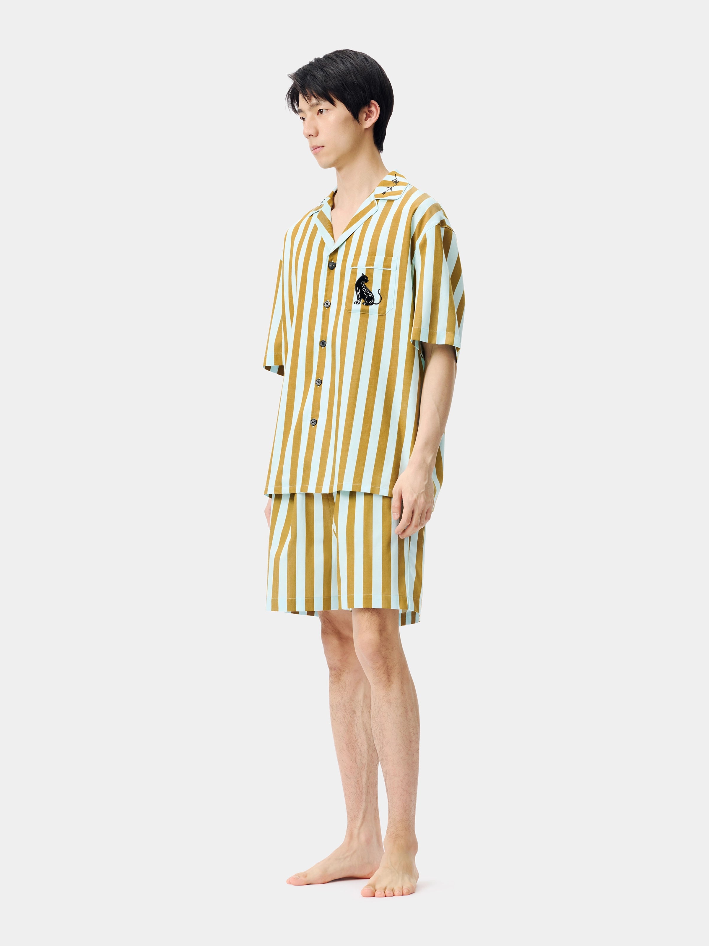 "Urban Jungle" Black Panther Tencel Cotton Blend Loungewear Set Short Sleeve & Shorts – Blue & Green Stripes