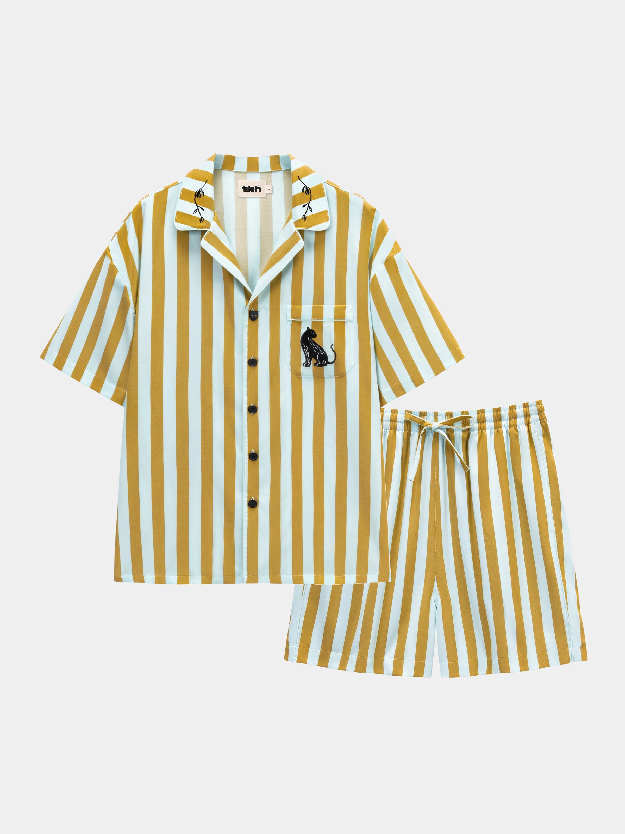 "Urban Jungle" Black Panther Tencel Cotton Blend Loungewear Set Short Sleeve & Shorts – Blue & Green Stripes
