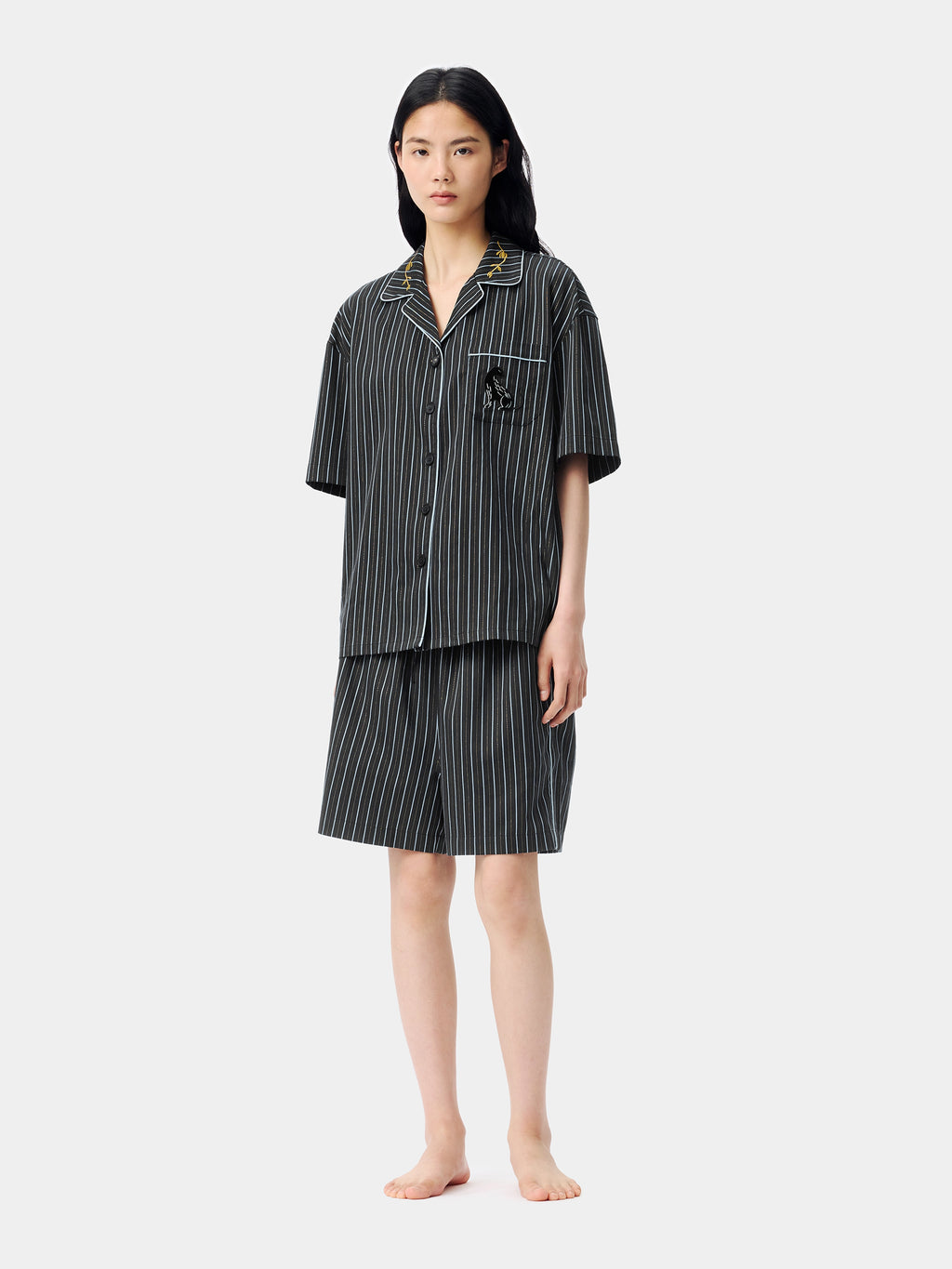 "Urban Jungle" Black Panther Tencel Cotton Blend Loungewear Set Short Sleeve & Shorts – Dark Gold Stripes