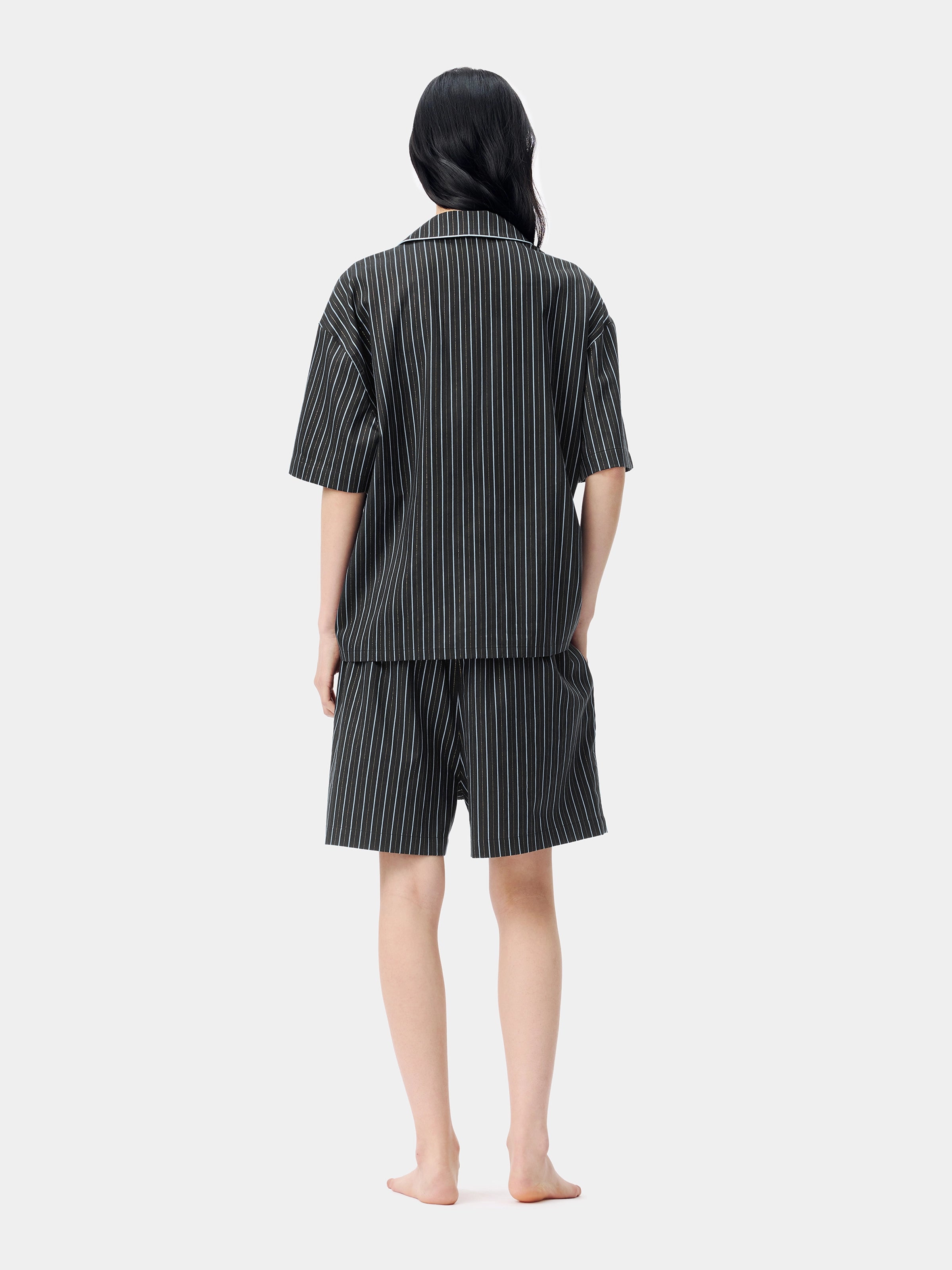 "Urban Jungle" Black Panther Tencel Cotton Blend Loungewear Set Short Sleeve & Shorts – Dark Gold Stripes