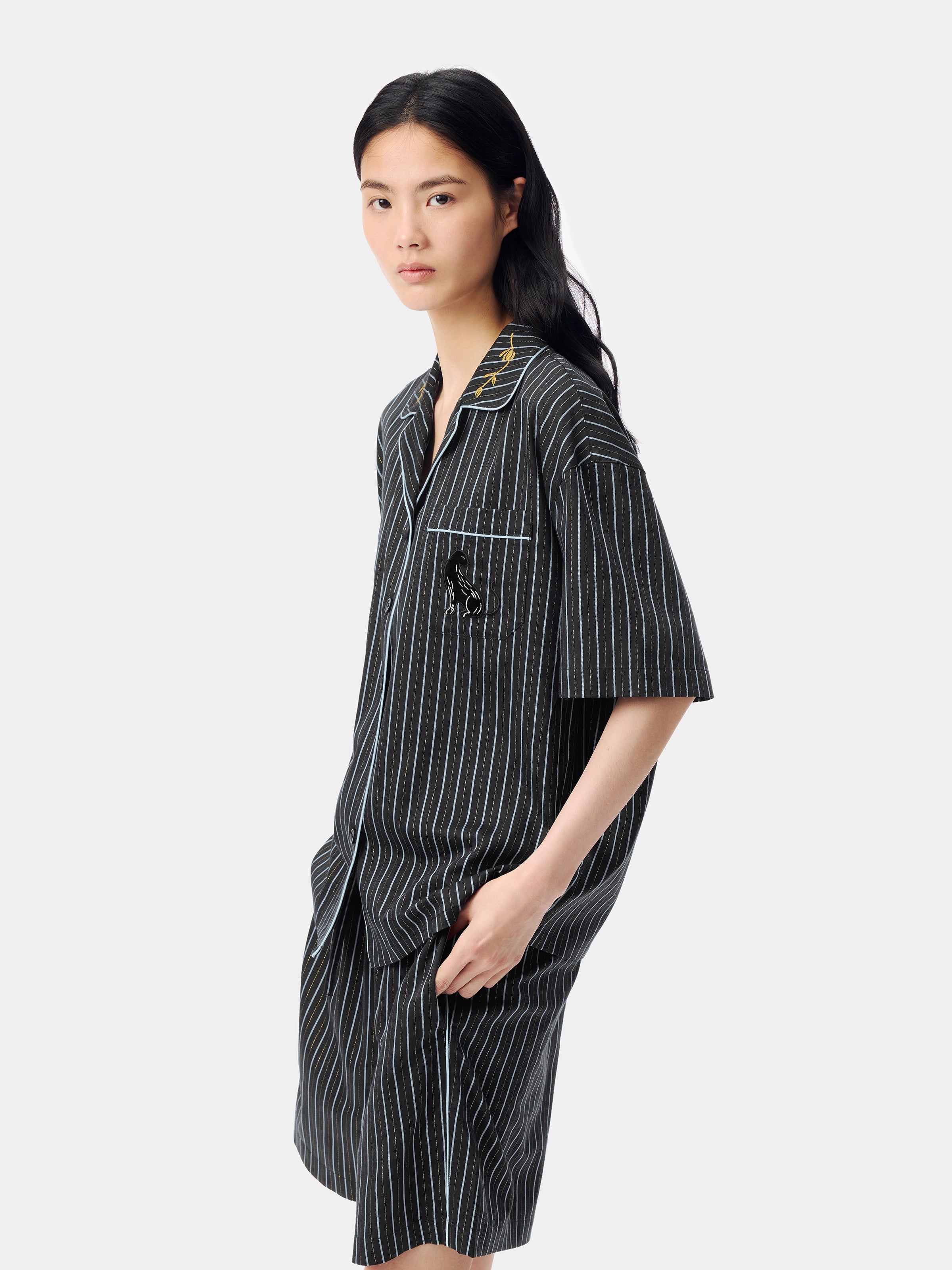 "Urban Jungle" Black Panther Tencel Cotton Blend Loungewear Set Short Sleeve & Shorts – Dark Gold Stripes