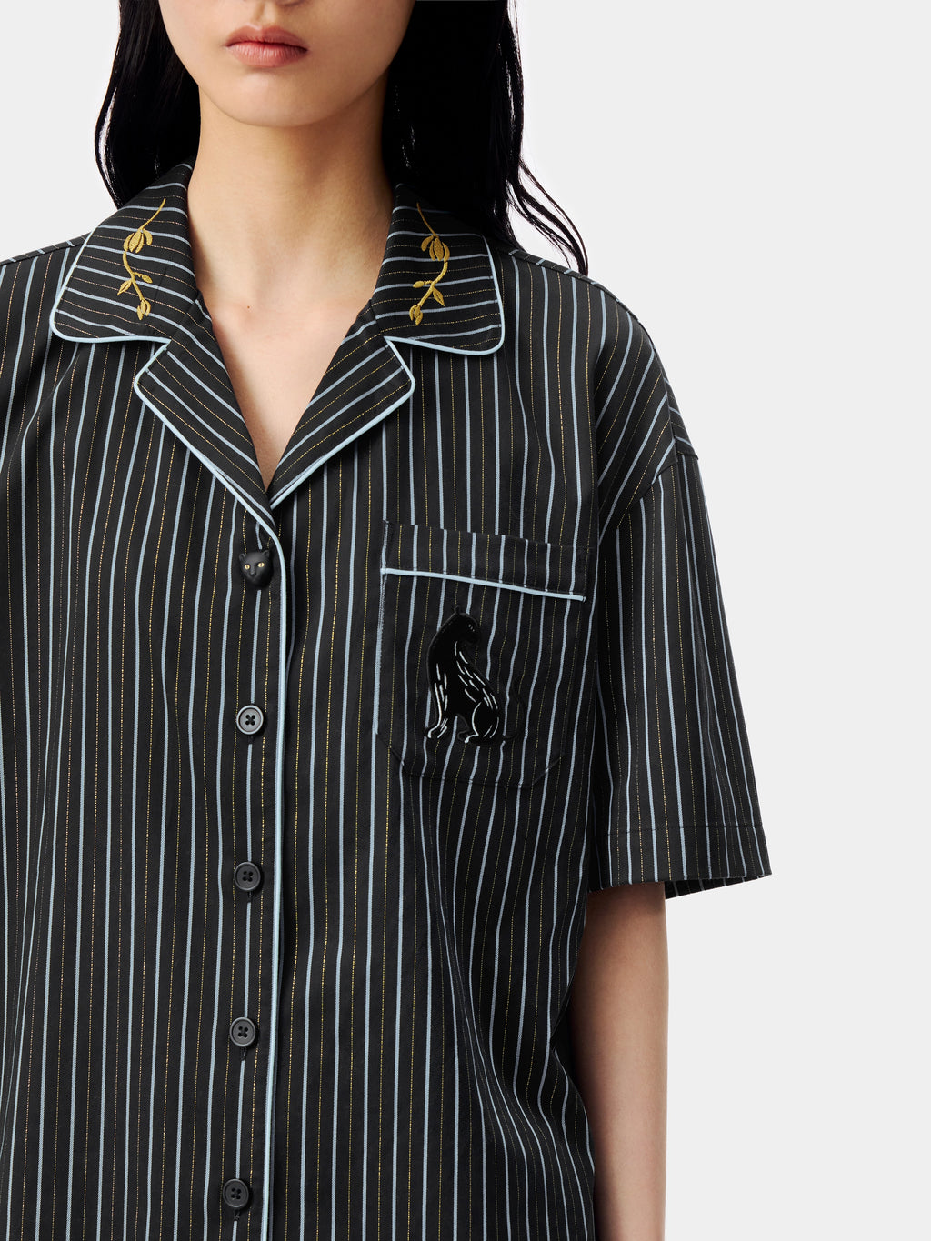 "Urban Jungle" Black Panther Tencel Cotton Blend Loungewear Set Short Sleeve & Shorts – Dark Gold Stripes