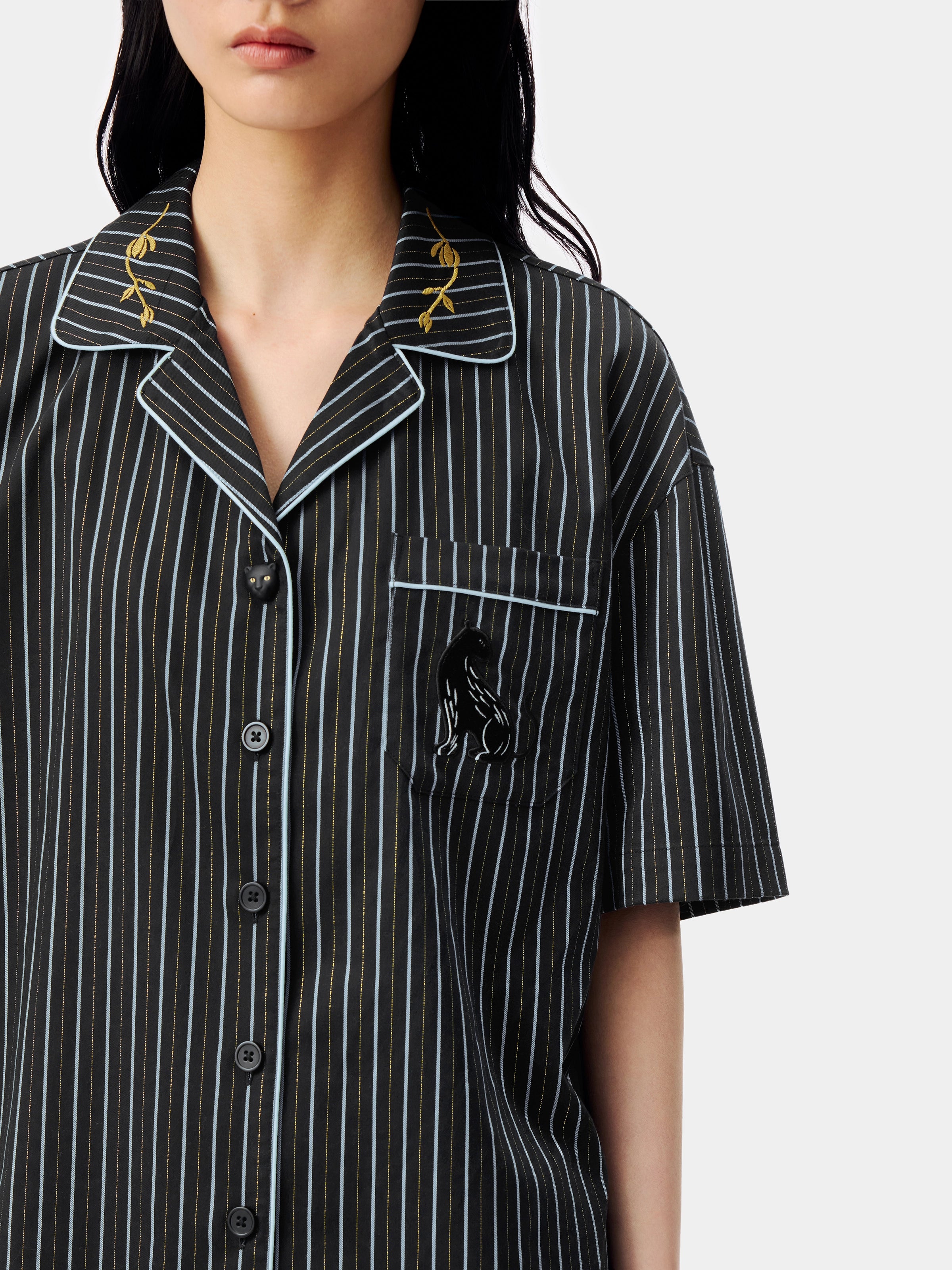 "Urban Jungle" Black Panther Tencel Cotton Blend Loungewear Set Short Sleeve & Shorts – Dark Gold Stripes