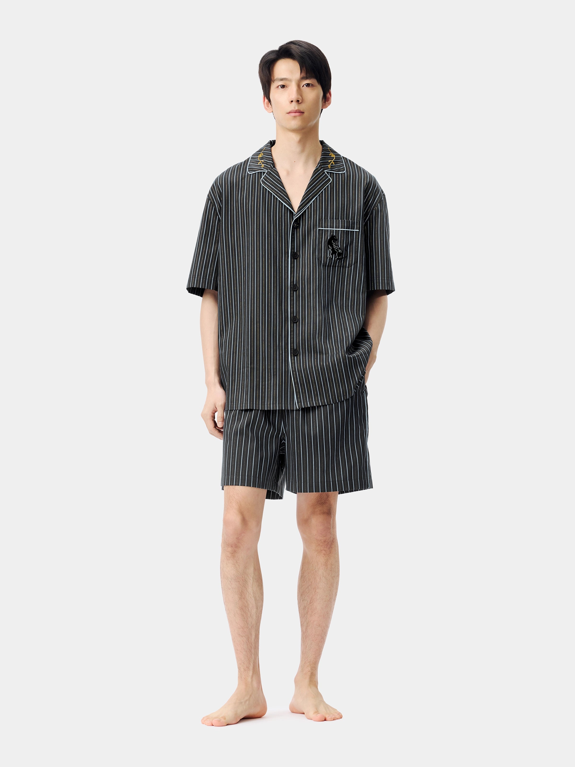 "Urban Jungle" Black Panther Tencel Cotton Blend Loungewear Set Short Sleeve & Shorts – Dark Gold Stripes