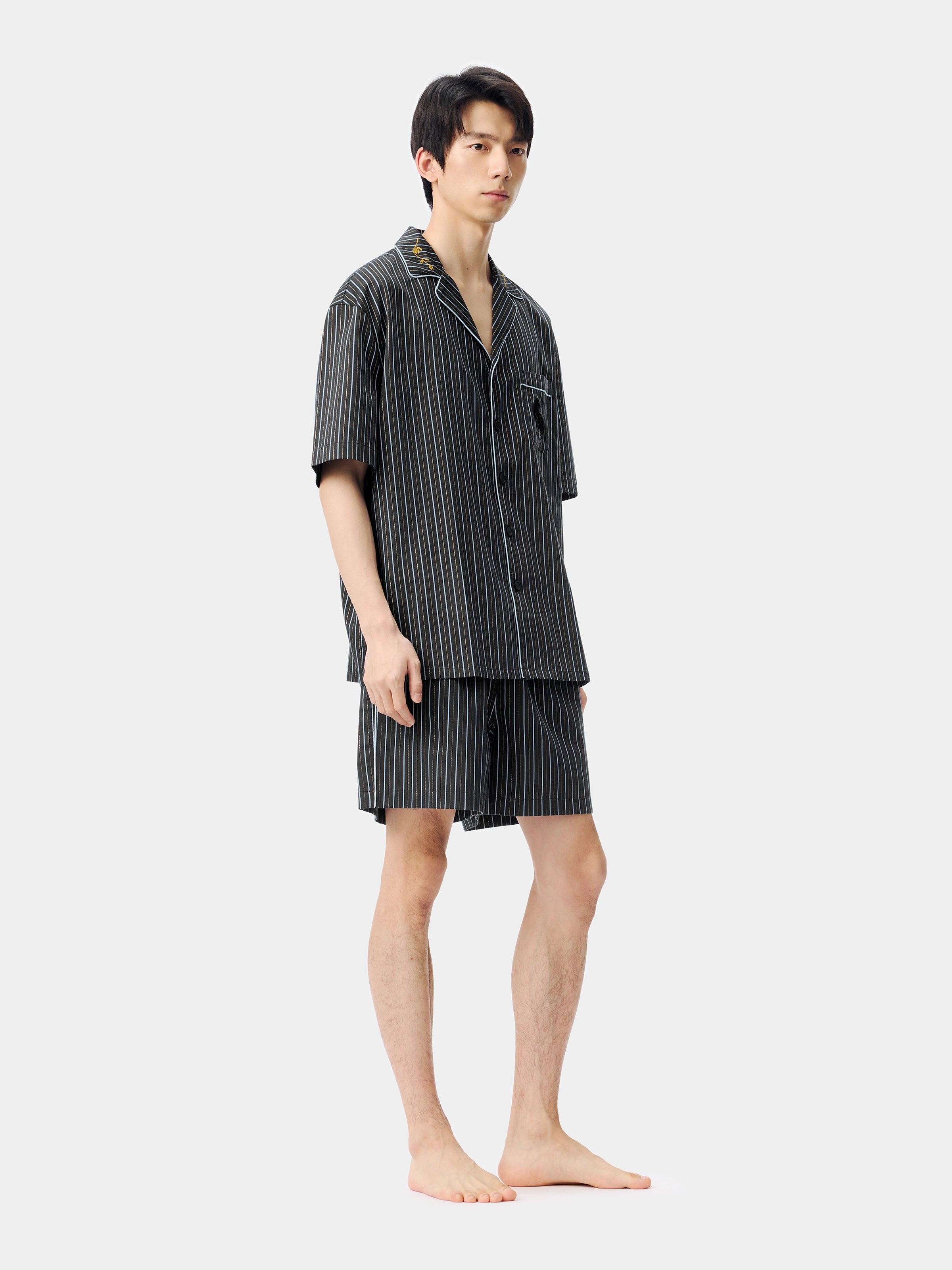 "Urban Jungle" Black Panther Tencel Cotton Blend Loungewear Set Short Sleeve & Shorts – Dark Gold Stripes