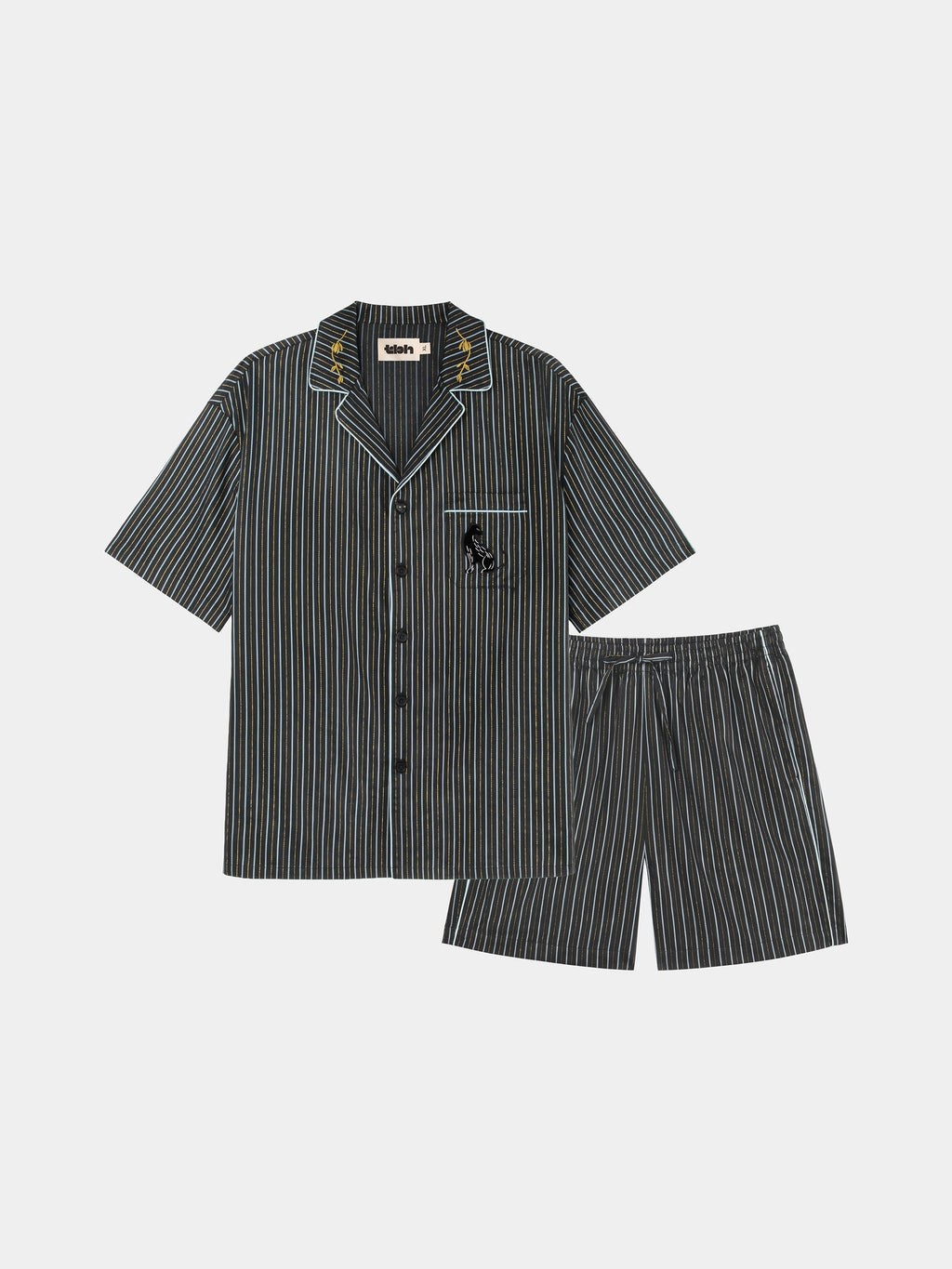 "Urban Jungle" Black Panther Tencel Cotton Blend Loungewear Set Short Sleeve & Shorts – Dark Gold Stripes