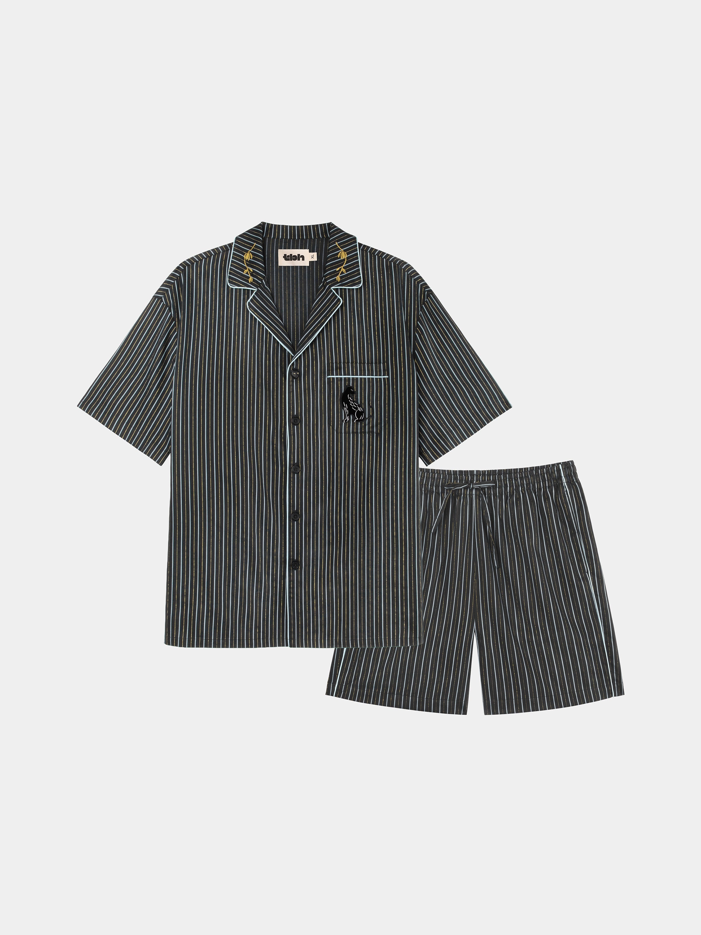 "Urban Jungle" Black Panther Tencel Cotton Blend Loungewear Set Short Sleeve & Shorts – Dark Gold Stripes