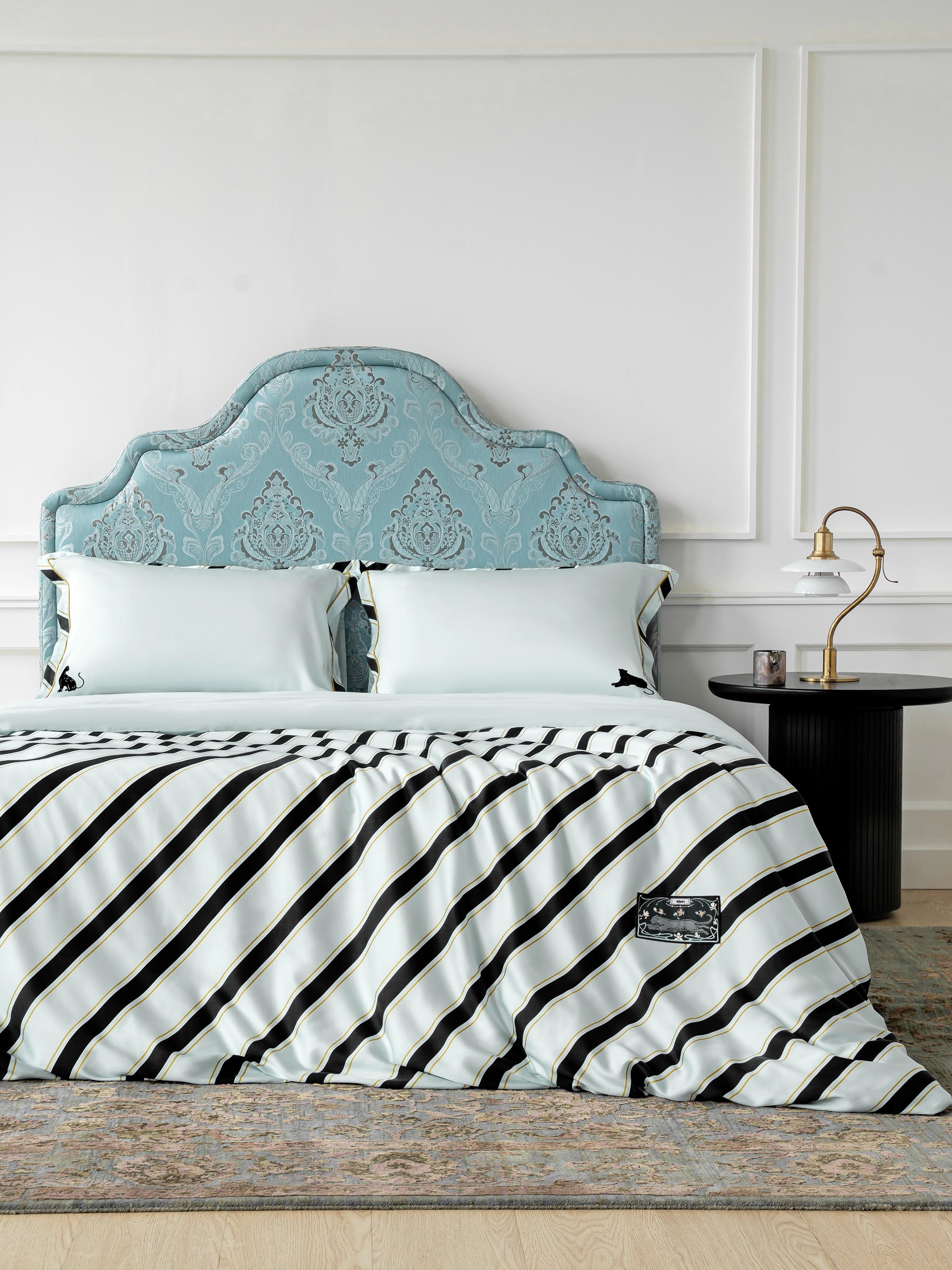 "Urban Jungle" Black Panther Tencel Printed Bedding Set – Blue & Black Stripes